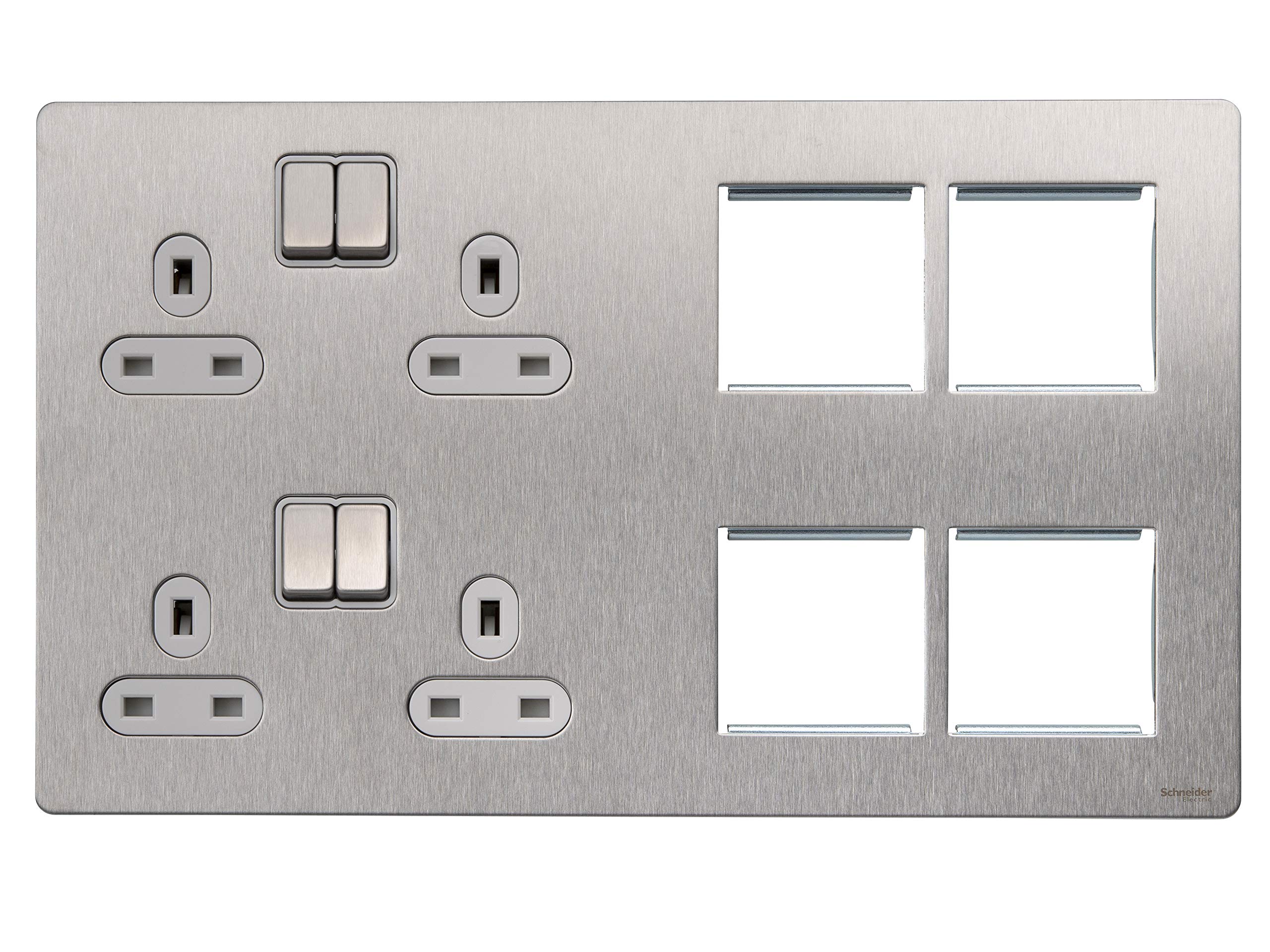 Schneider Electric GU34204DMPWSS Ultimate Screwless Flat Plate, Double Pole, Combination Media Plate, Stainless Steel with White Insert, Switched 4 Gang Power Socket โ image 1