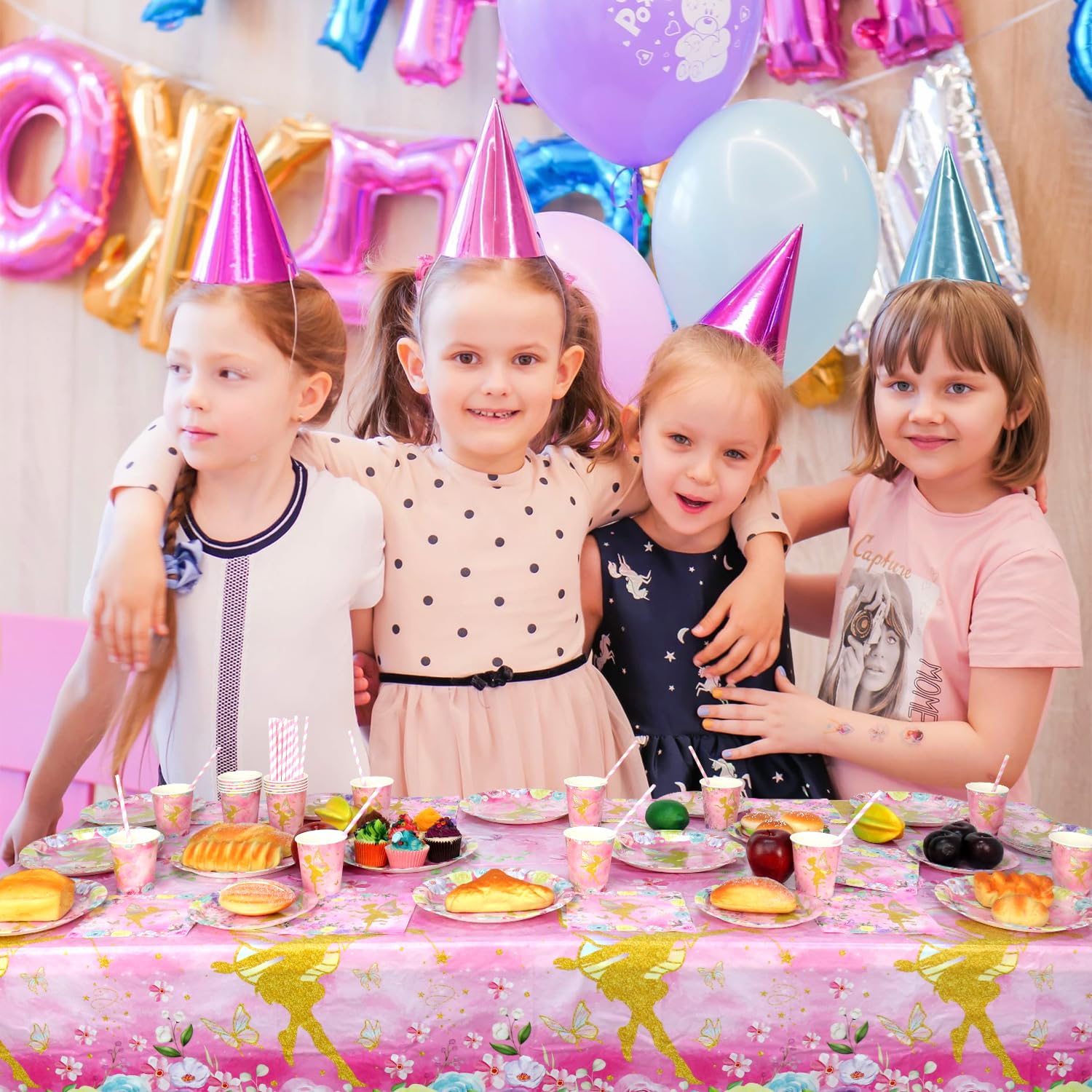 Suministros de fiesta de hadas – Vajilla de fiesta de hadas – Platos de cena, platos de postre, vasos, servilletas, mantel de popotes para decoración de fiesta de cumpleaños de princesa, mariposa,