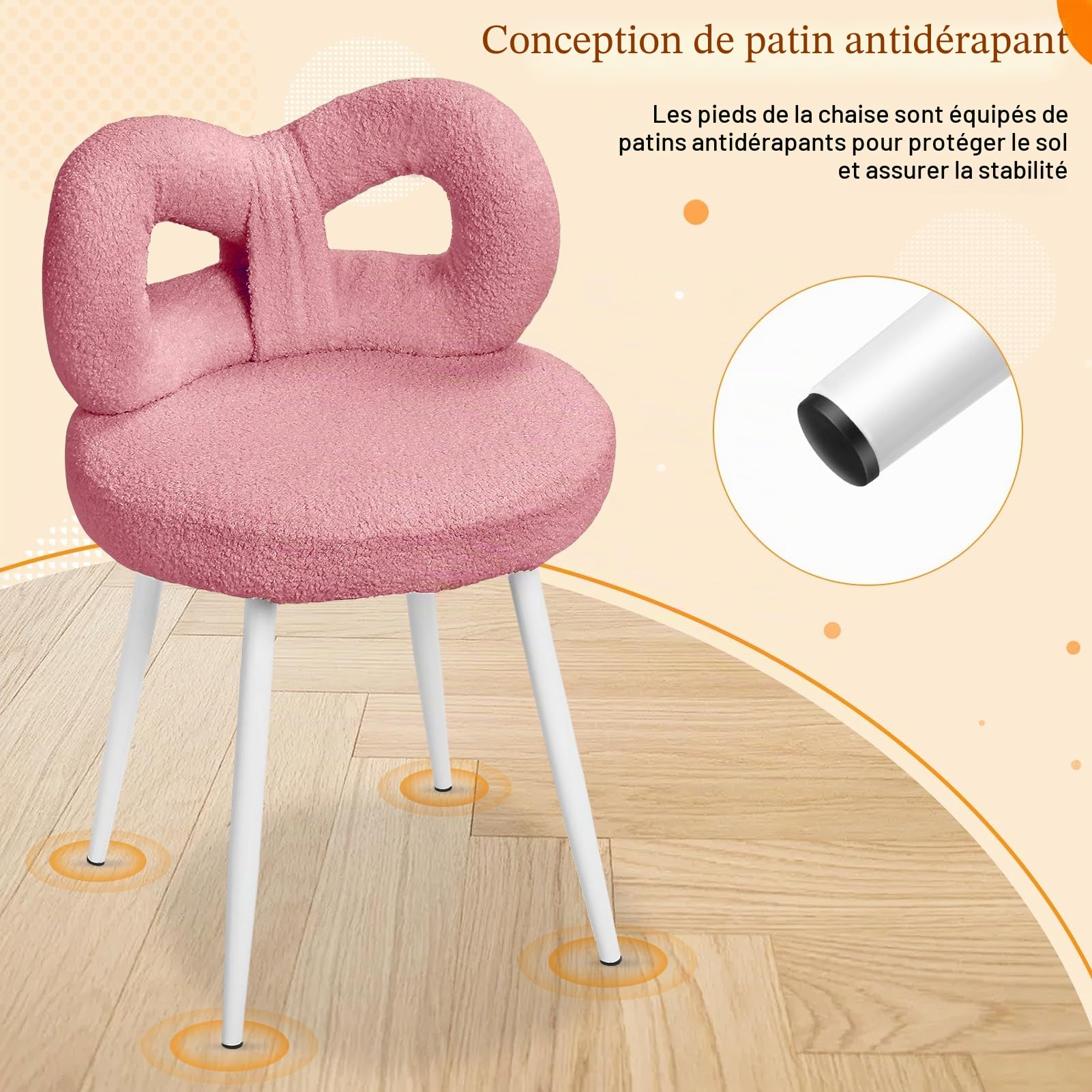 Tabouret de coiffeuse avec dossier en nœud - Chaise de bureau avec dossier pour femmes et filles - Chaise de maquillage - Pieds réglables - Siège de coiffeuse sans accoudoirs
