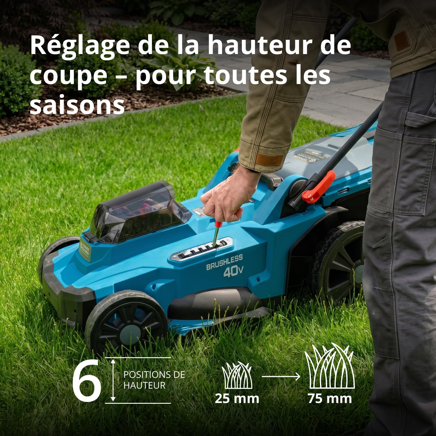Tondeuse à Batterie KS 43LM-40V, Tension 40 V, Vitesse à Vide 3300 TR/Min, Largeur de Coupe 430 mm, Hauteur de Coupe 25-75 mm, 6 Positions, Panier à Herbe 50 l, Fonction de Mulching