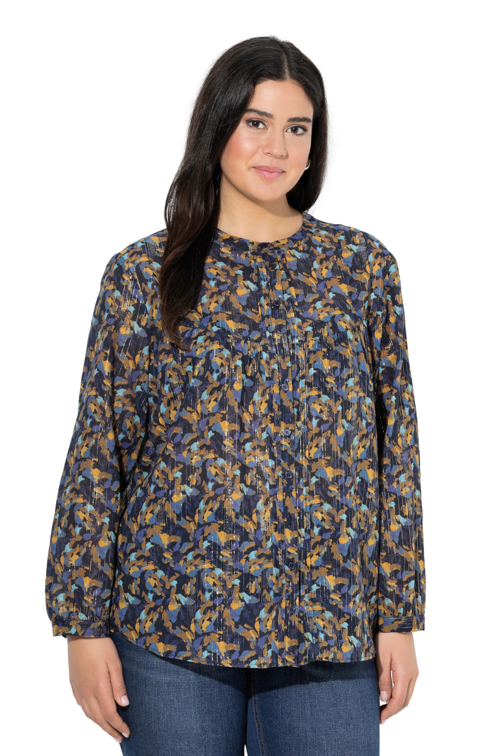 Ulla Popken Damen große Größen Übergrößen Plus Size Bluse, Metallic-Linien, A-Linie, Rundhals, Langarm 842985