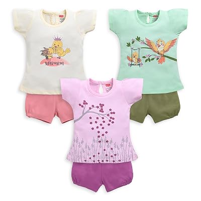 LuvLap Baby Girls Pack Of 3 Half Sleeve Top & Shorts Set 100% Cotton, XL (12 to 18 Months), Printed, Multicolour