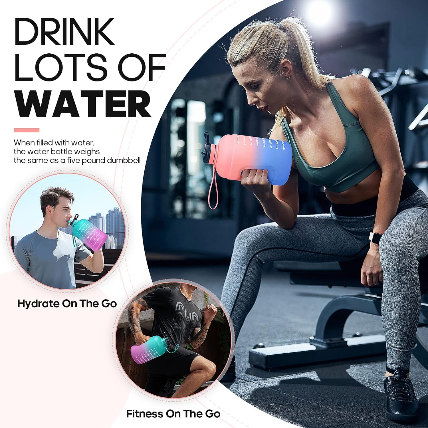 Large 74 oz/Half Gallon Motivational Water Bottle with 2 Lids (Chug and Straw), BPA Free Sports Drink Water Jug with Time Marker for Camping Sports Workouts and Outdoor Activity