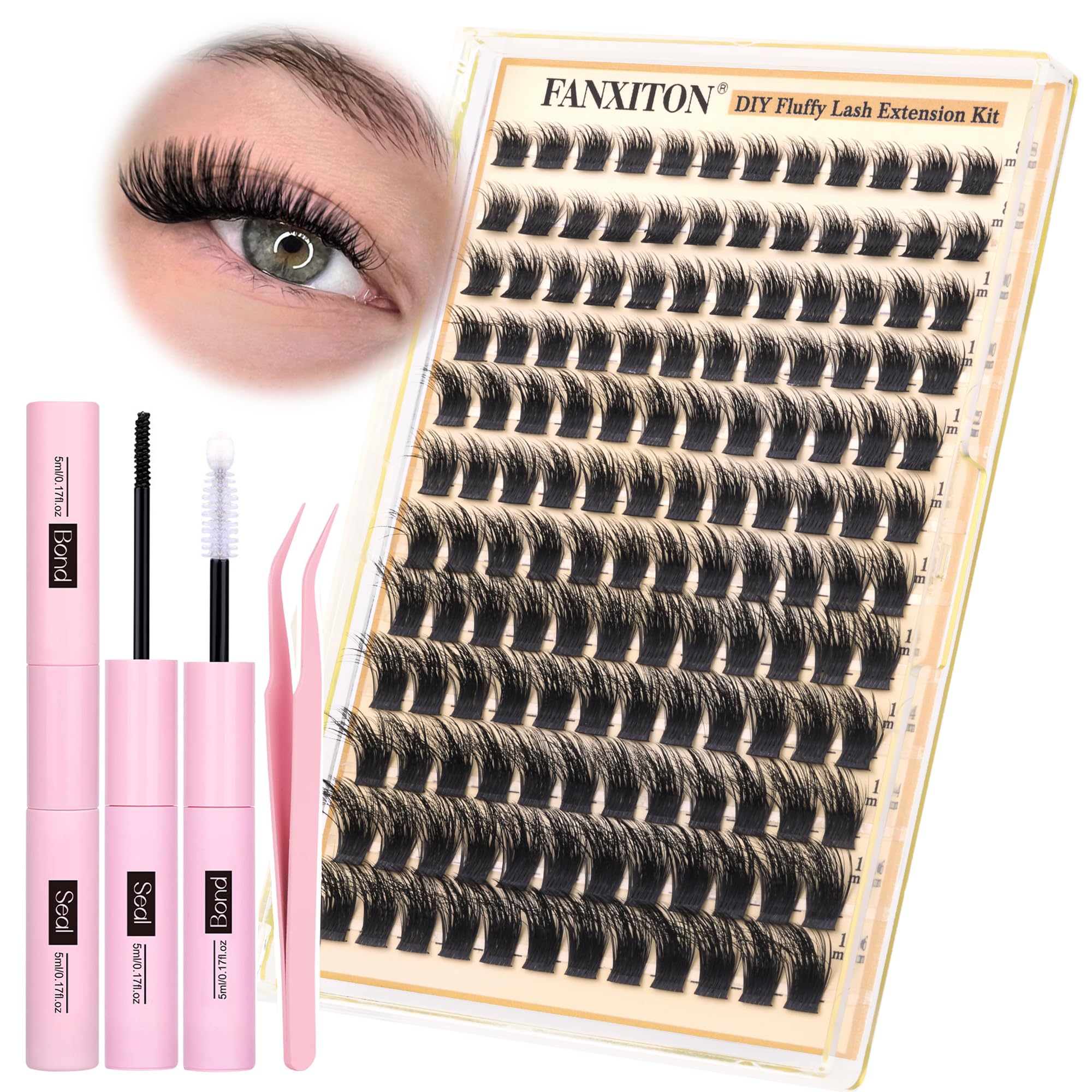 FANXITON DIY Individual Eyelash Extension Kit, Thick Volume Lash Clusters 40D+50D D Curvature, 280 Pieces Thin Band Cluster Lashes with Bond and Seal Tweezers: Lash Clusters Kit Fluffy Natural Lash Extension Thick Cluster Lashes 8-16mm Clusters Eyelash Extensions Wispy Individual Lashes Eye Lash Clusters with Lash Bond and Seal Tweezers Eyelash Extension Kit