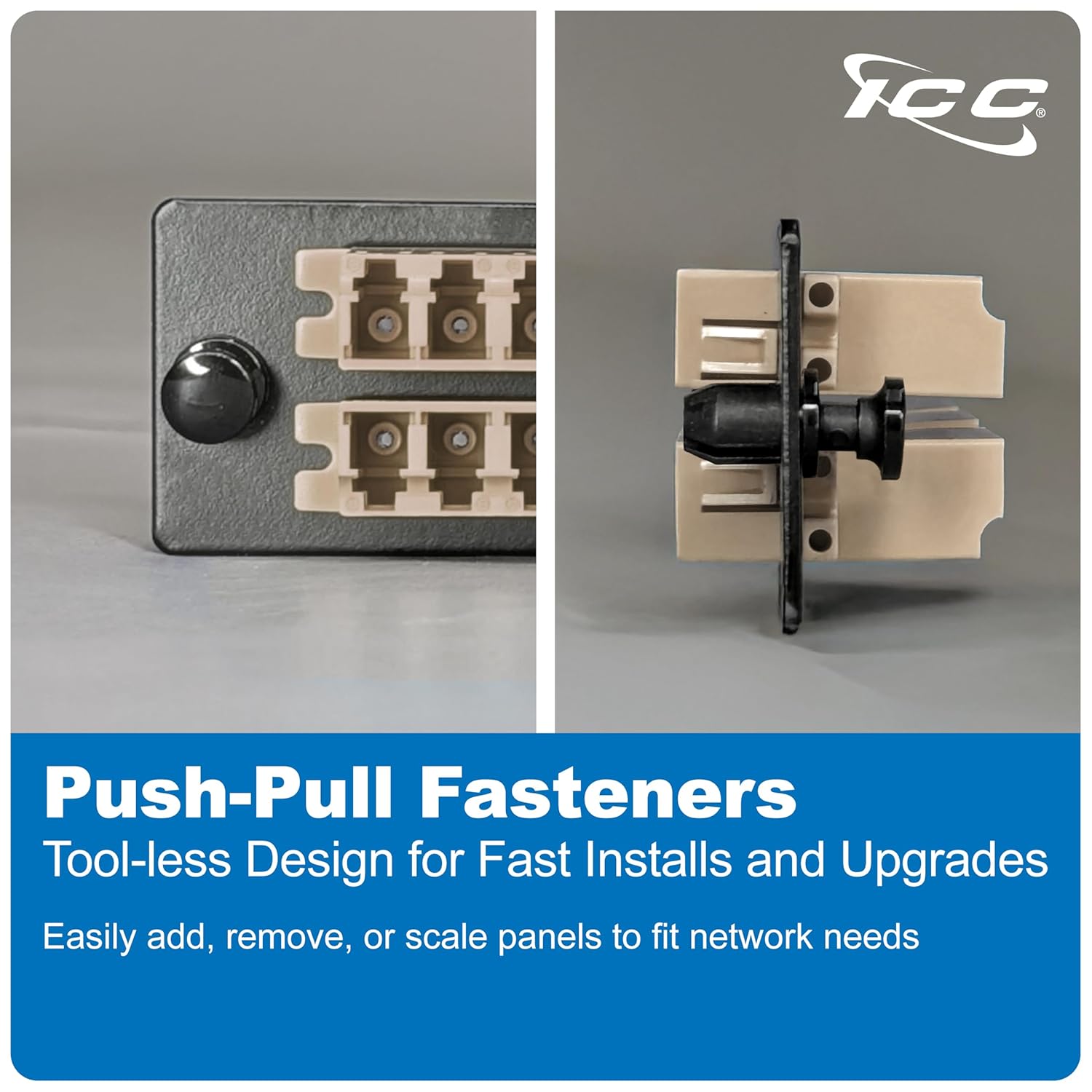ICC LC-LC Fiber Optic Adapter Panel, LGX Compatible, 24 Fibers, Multimode, Beige 94V-0 Adapters, Push Fasteners, Black Steel