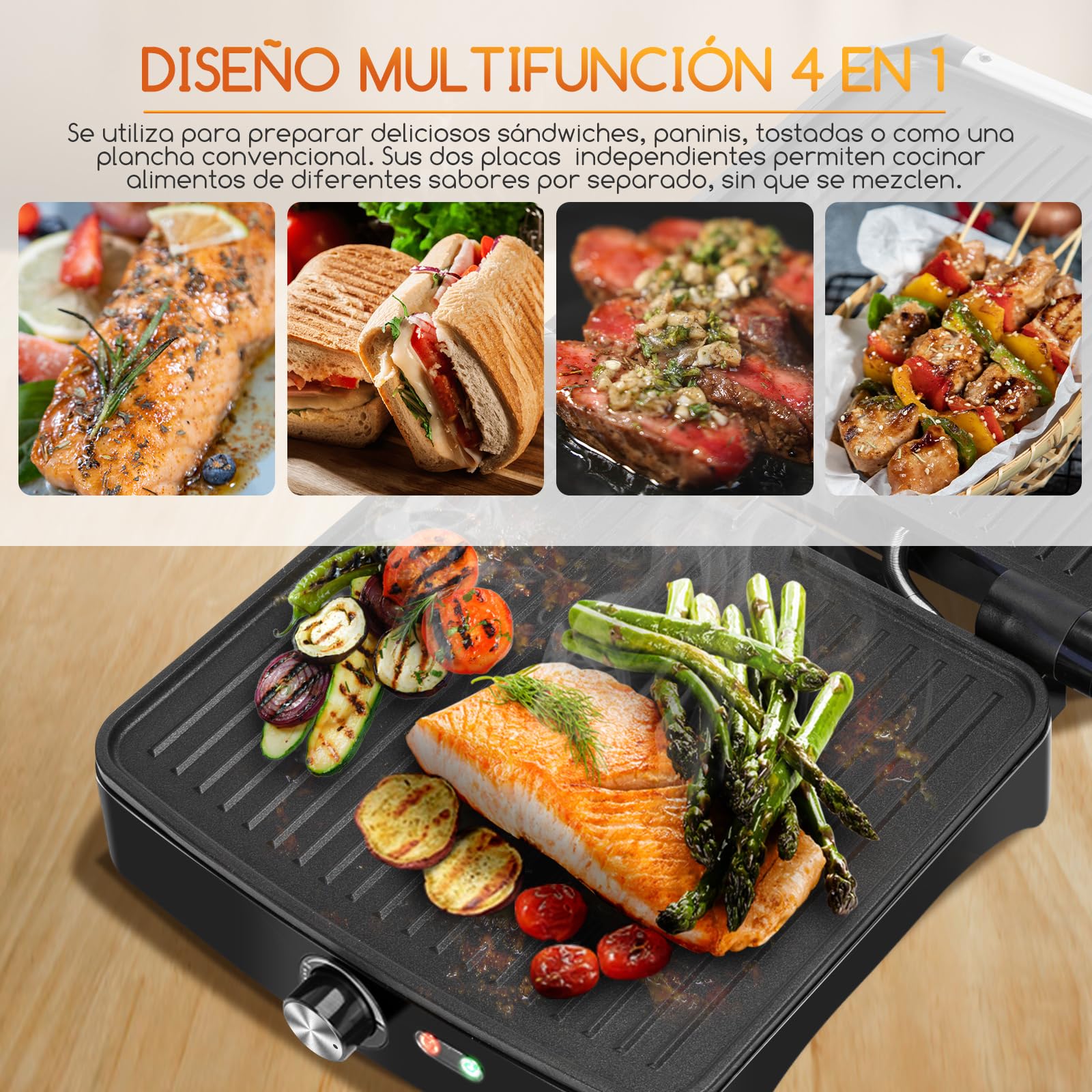 Aigostar Calore Parrilla Eléctrica 1800W, Grill Electrico con Revestimiento Antiadherente, Sandwichera con Regulador de Temperatura, Apertura 180º, Placa Superior Flotante, Libre de BPA