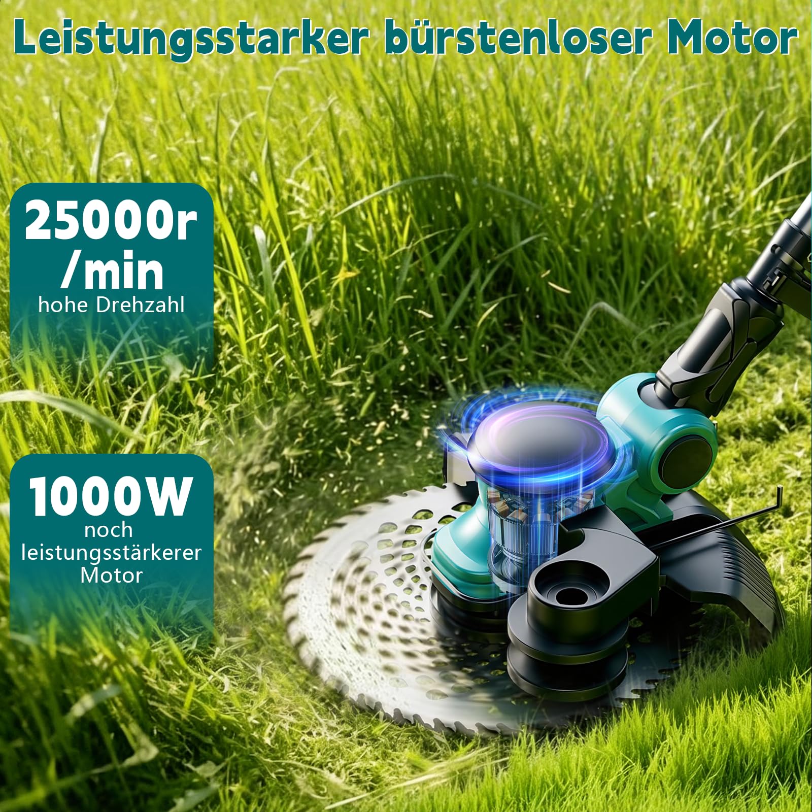 Rasentrimmer mit Akku,Elektro Rasentrimmer mit 2 X 4.0Ah Akkus und Ladegerätn,freischneider mit unkrautbürste,1000W Bürstenloser Motor,Elektro Trimmer Gartenkantenfräser für Garden und Rasen
