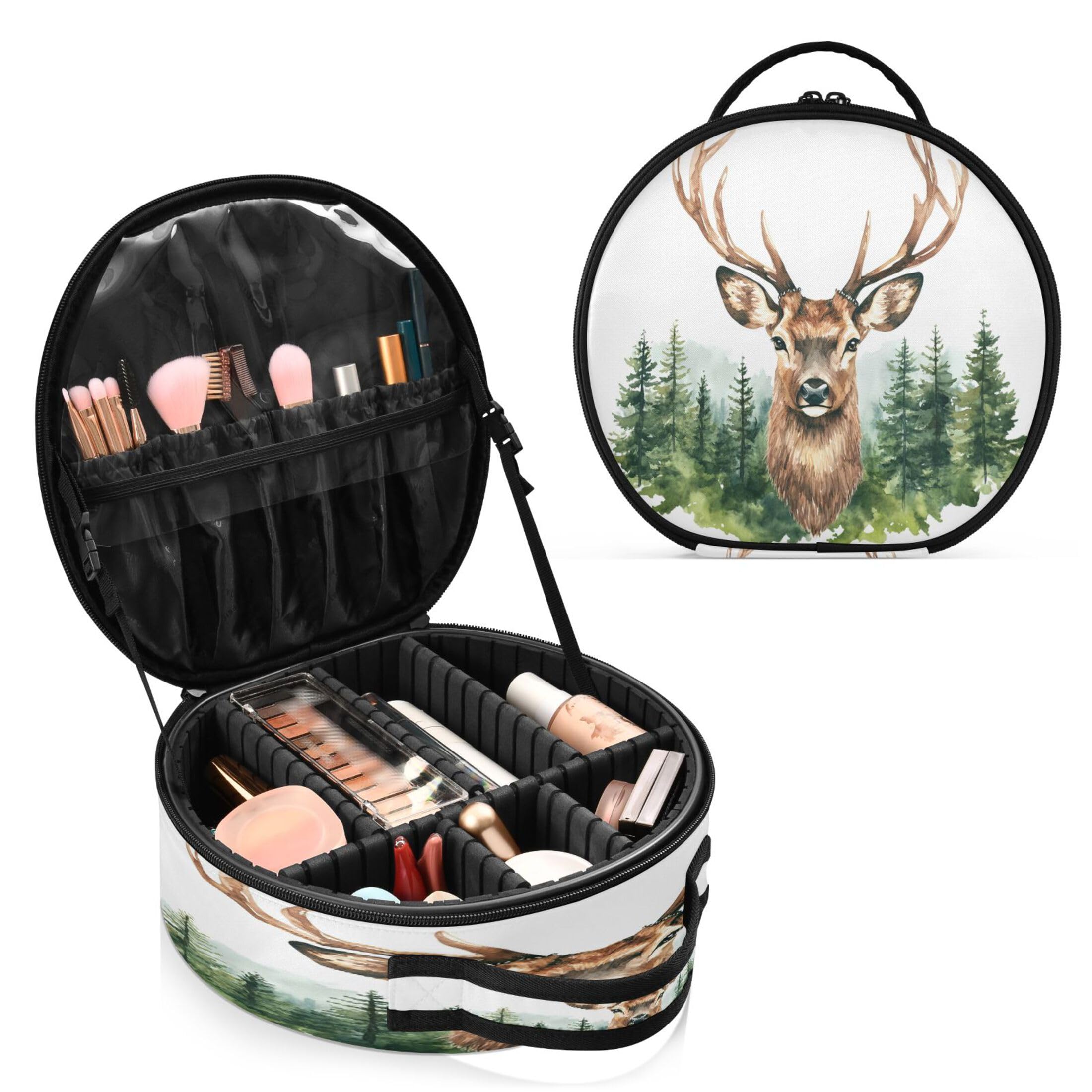 Takiito Deer Head Travel Makeup Case Portable Makeup Box Artist Cosmetic Case Organizer With Adjustable Dividers