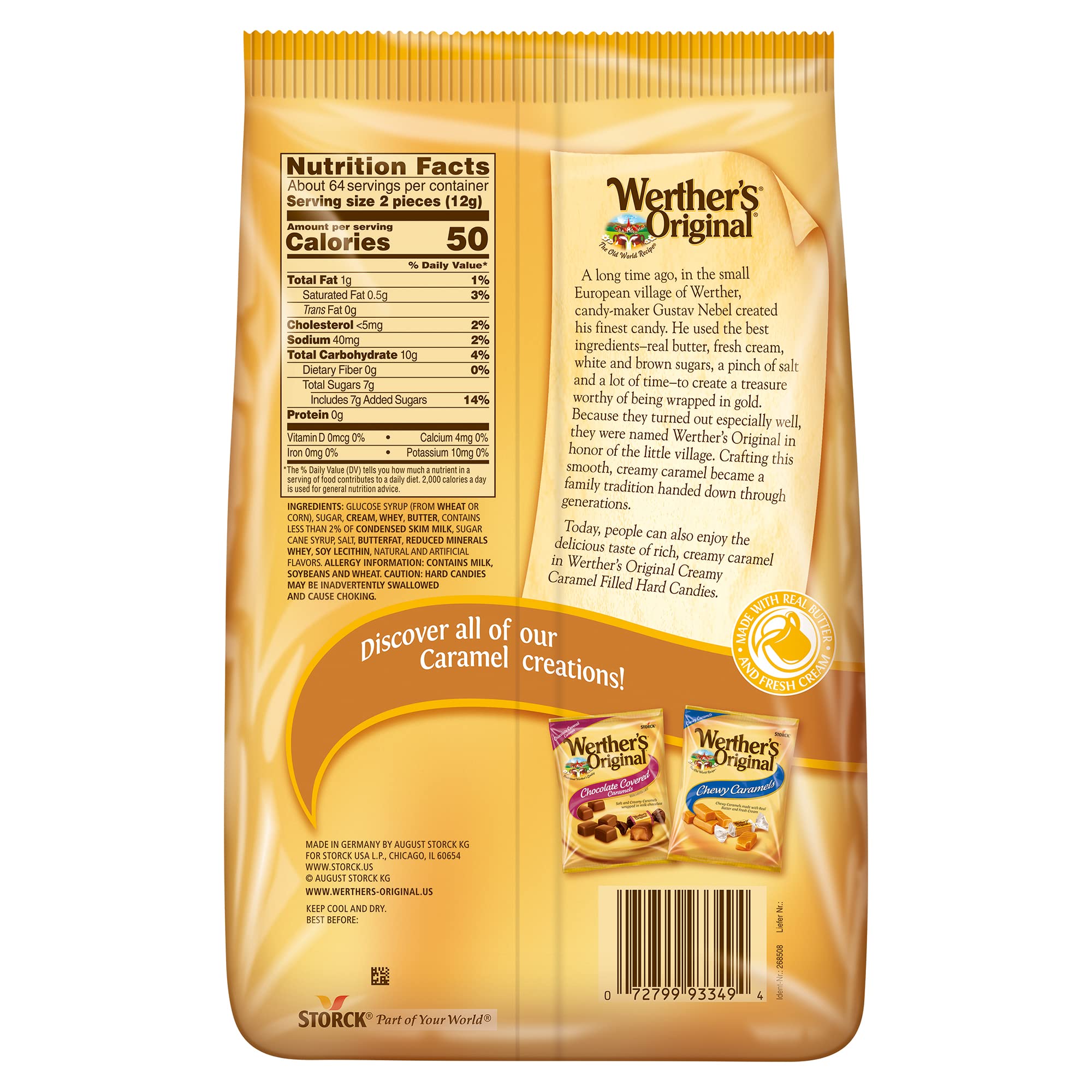 Werther's Original Candies rigides remplies de caramel crémeux 27 oz (Pack de 2) - Fabriqué avec du vrai beurre et de la crème fraîche - Bonbons au caramel classique avec un remplissage de caramel