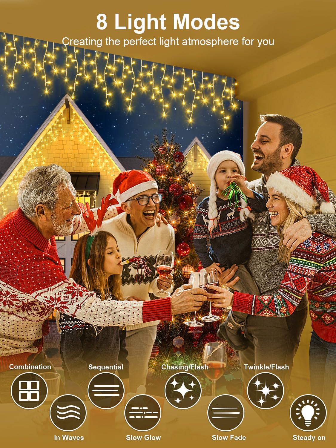 ARKOCHIC 10M Luci Natale Esterno Cascata, 320 LED Tenda Luminosa Natale Bianco Caldo Luminarie Natalizie da Esterno con 8 Modalità, Memoria, Luci Decorazioni Natalizie per Casa, Balcone, Finestra