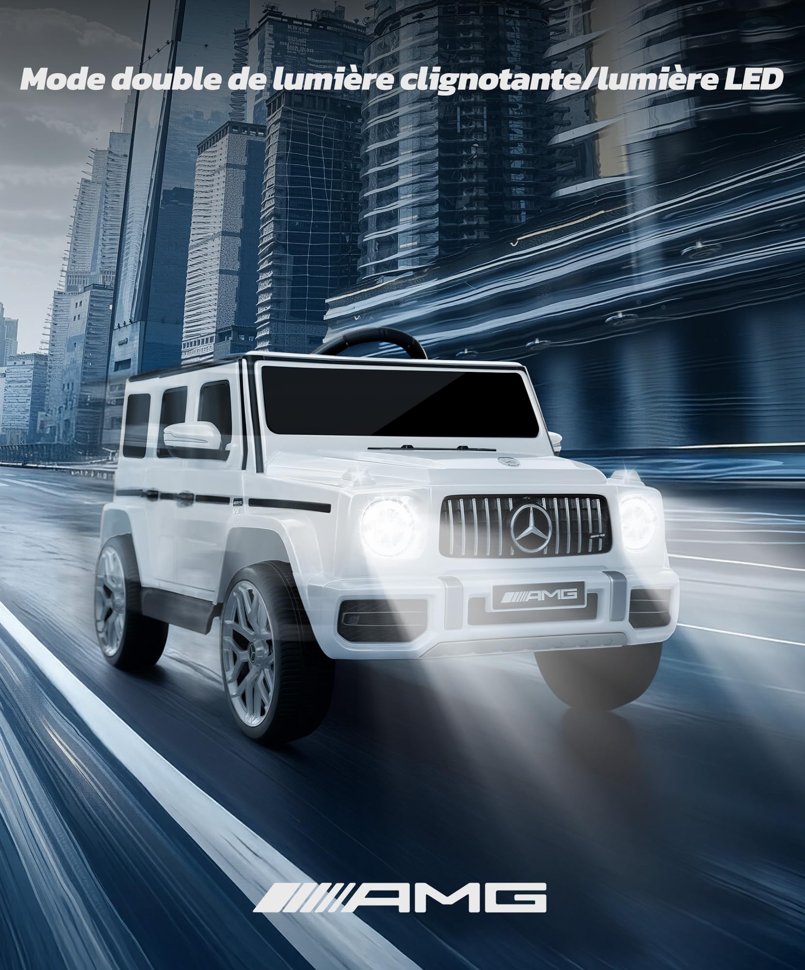 ELEMARA Voiture Électrique Enfant Mercedes Benz AMG G63,Voiture pour Enfant avec télécommande parentale,Camion électrique à Conduite,Suspension Ressort,Lumière Clignotante/LED,Bluetooth,Musique,Blanc
