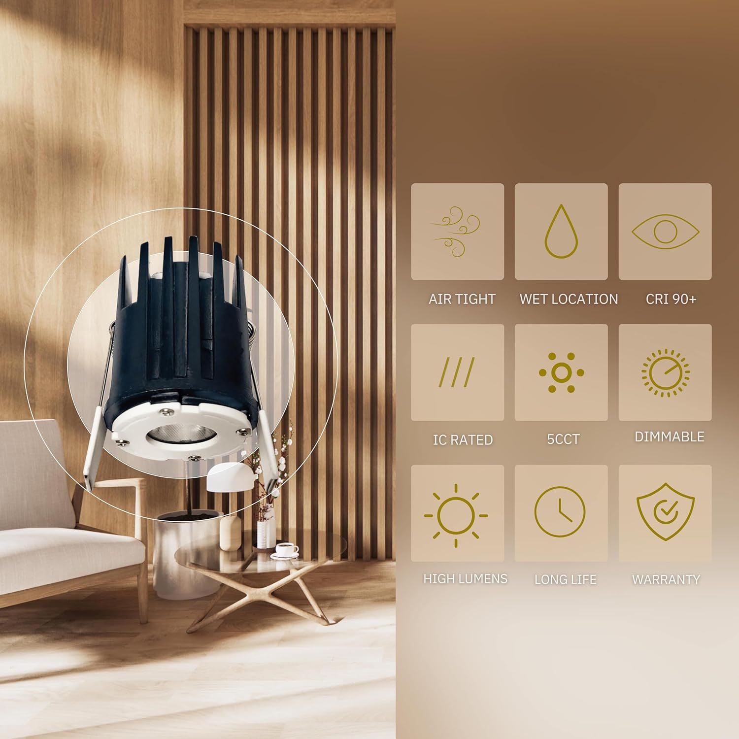 1.5 inch Round Bronze Smooth, Downlight Luminaire, LED Recessed Light Fixtures Dimmable 7W=50W, 650 Lumens, CRI 90+, Wet-Rated, ETL Listed, 5CCT Selectable 2700K|3000K|3500K|4100K|5000K
