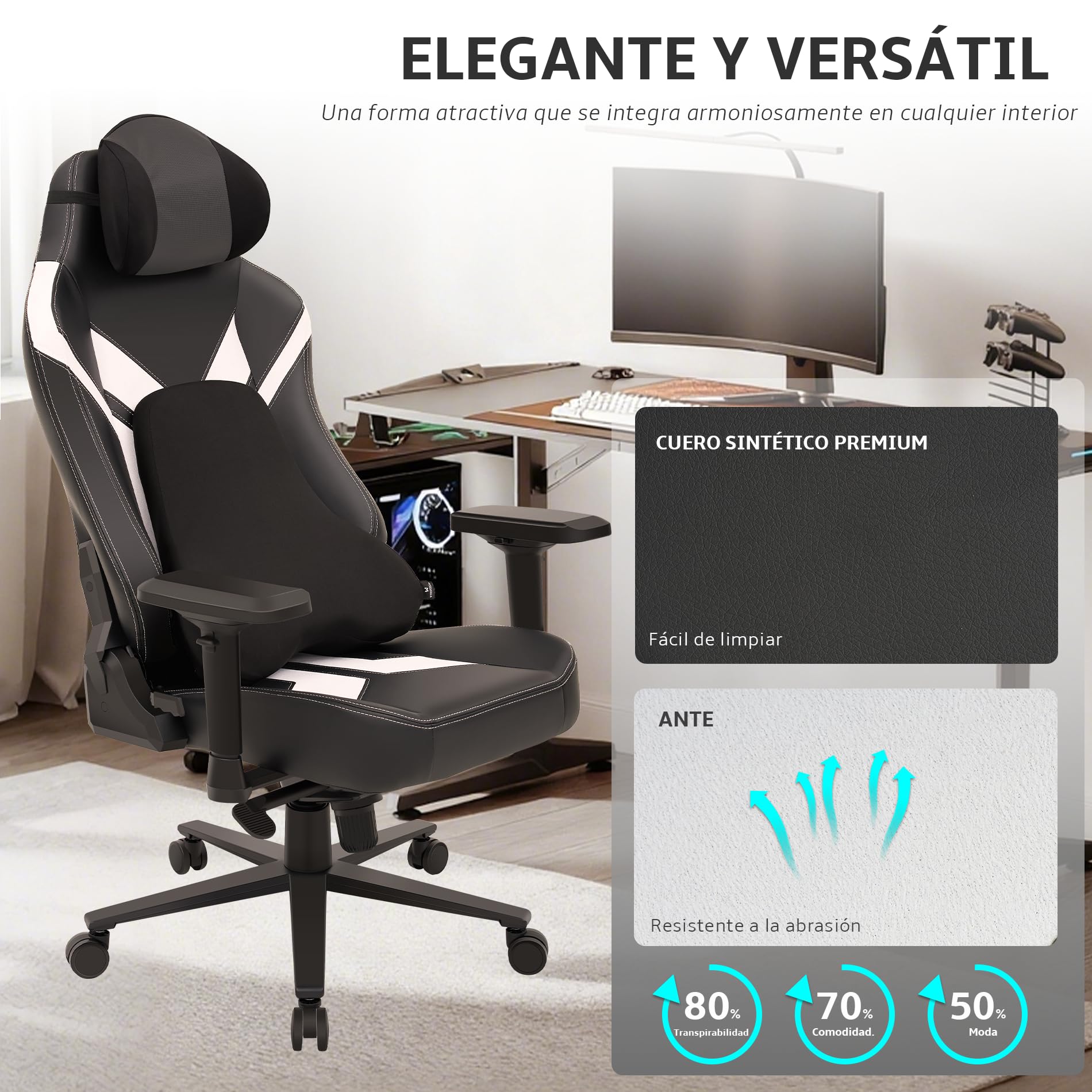Silla Gaming ergonómica, Silla Escritorio Gaming Carga 200kg | Sillon Gamer con Reposacabezas, Cojín Lumbar, Reposabrazos 4D, Mecanismo basculante, Base Reforzada，PU Negro y Ante Blanco