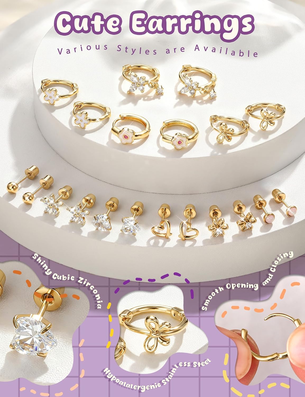 Hypoallergenic Screw Back Earrings for Girls Women - Surgical Steel 14K Gold Silver Plated Cute Toddler Little Girl Kids Earrings for Sensitive Ears Heart CZ Flower Stud Hoop Earring Sets 10 Pairs - Image 4