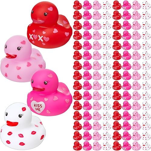 Miniatura 1 de Motionchic 72 piezas de patos de goma para el día de San Valentín, patos chirriantes, patos navideños novedosos juguetes de baño rosa y rojo, mini