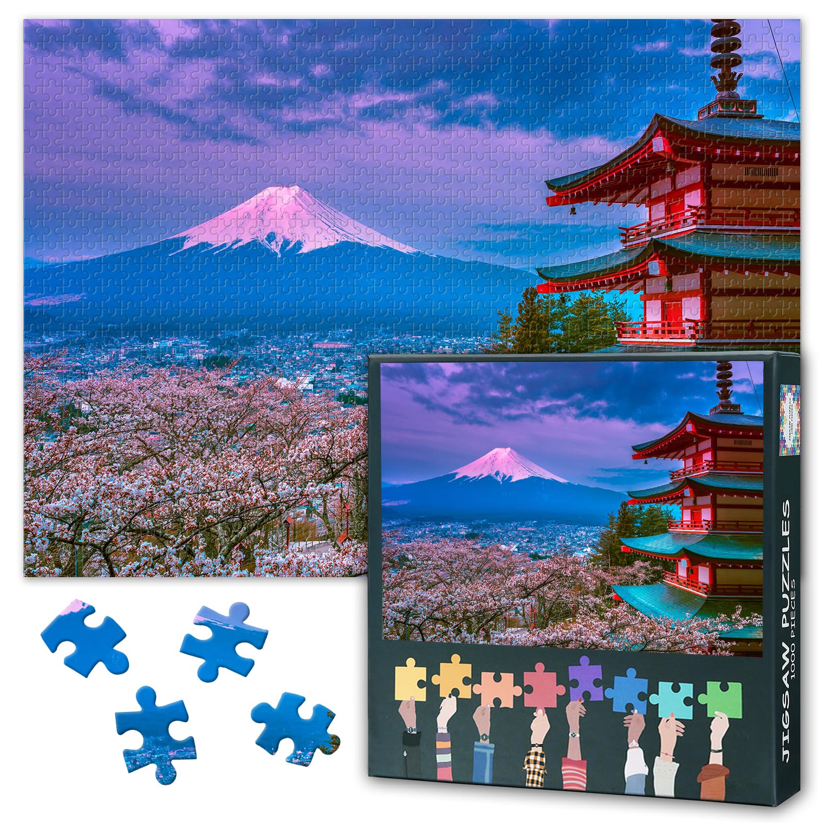 Impossible Challenging Jigsaw Puzzle 1000 Pieces Red Pagoda and Cherry Blossom Jigsaw Puzzles for Adult Home Decor Mt Fuji at Sunrise Puzzles Birthday Party Gifts for Family Friends 27.5"X19.7"