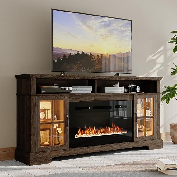 70" Fireplace TV Stand, Farmhouse Entertainment Center for TVs Up to 80”, TV Console with Storage Cabinets, Media Console for Living Room, Brown TV Stand and Black Fireplace