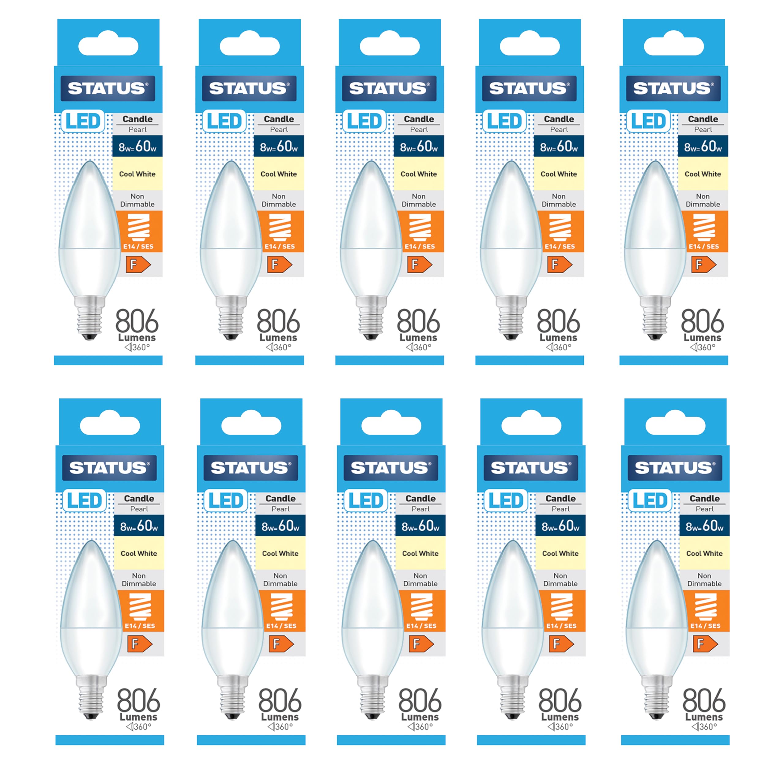 Status Cool White Led Candle Bulbs, E14 Small Edison Screw, 8W 806Lm 6500K, 60W Equivalent Decorative Lighting For Home Or Office, White (8Slcce14p1b10)