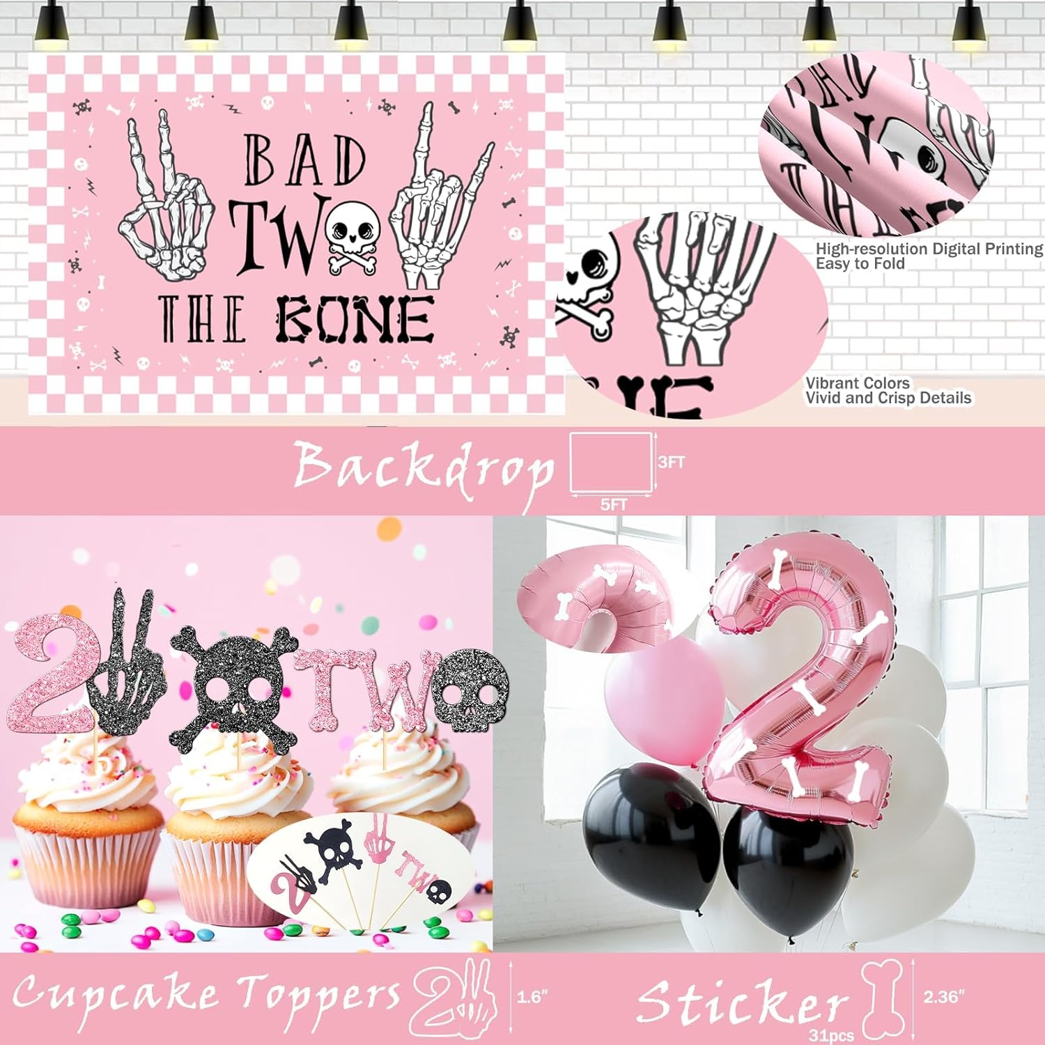 Costova Bad Two the Bone Party Decorations Girl – 110 PCs Bad 2 the Bone Party Supplies with Backdrop, Balloon Garland, Banner, Cake Topper, Balloon Boxes, Cupcake Toppers, Cut-Outs