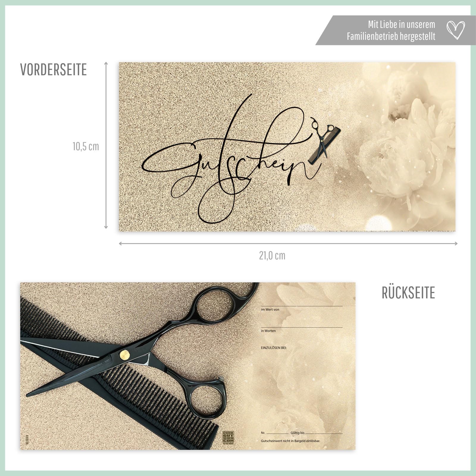 Gutschein-Set. 50x Gutschein + Kuvert. Für Coiffeure Haarstudios Friseure Dienstleister, blanko zum selber Ausfüllen.