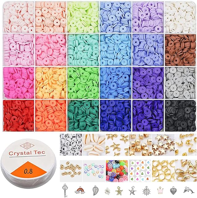 POTUANOT 5244 Pcs Clay Beads,6mm 24 Colors Flat Round Polymer Clay Heishi Beads,with Pendant Charms Kit and Elastic Strings,for Bracelet Making Kits Clay Beads