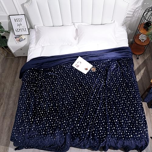 Miniatura 6 de Stellhome Manta azul marino, ultra suave, gruesa, de franela con estampado de estrellas, manta de cama de forro polar para sofá, tamaño individual
