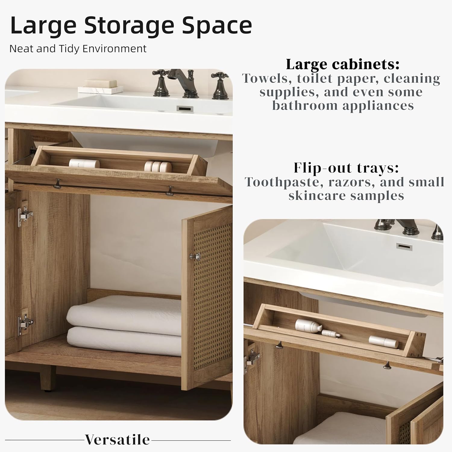 Merax 60 Inch Bathroom Vanity with Double Sink (SMC Sink), Large Storage Space with 2 Tip-Out Trays/Flip-Out Drawers and 4 Soft Closing Doors, Solid Wood Legs and Silver Metal Knobs, Wood Color