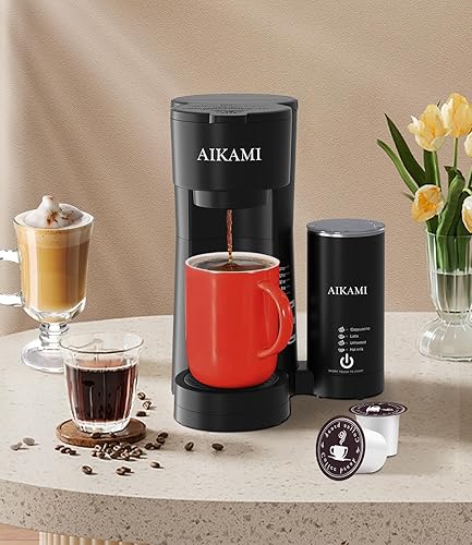 Miniatura 8 de Cafetera de una sola porción para taza K y café molido con espumador de leche, tamaños de preparación de 6 a 14 onzas, cafetera de apagado