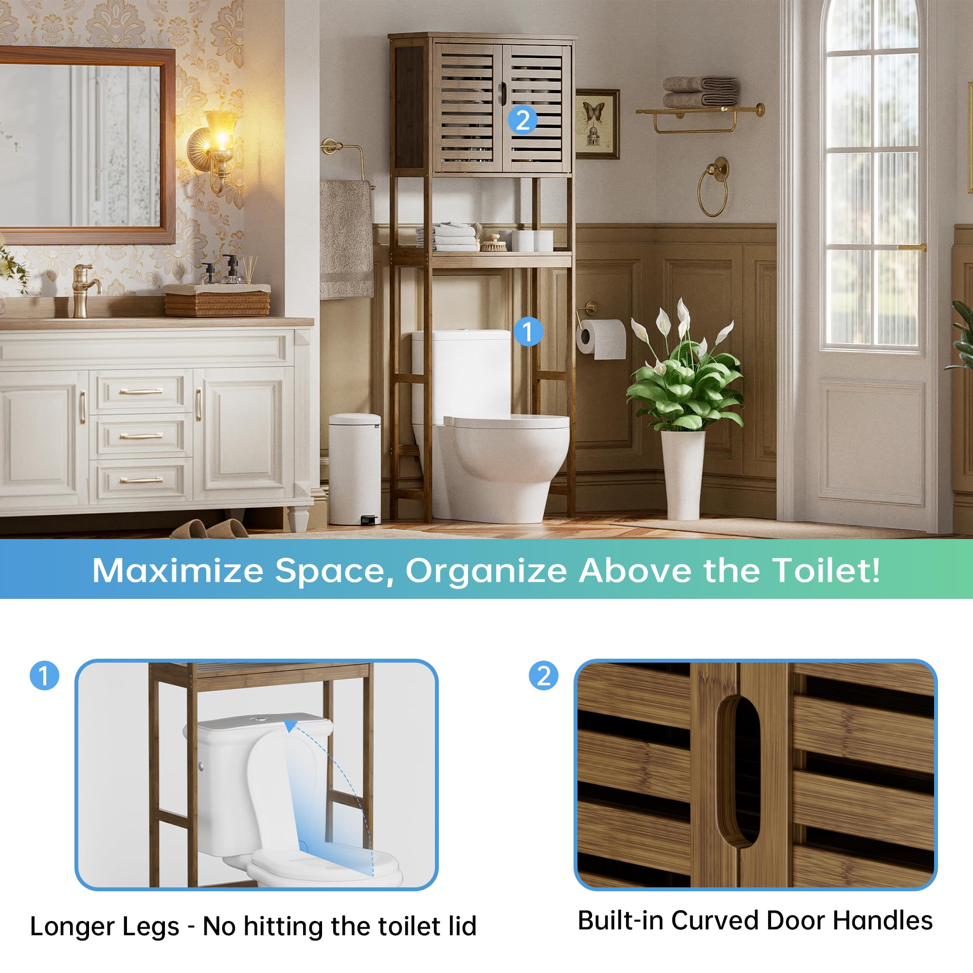 SMIBUY Bad Lagerung Regal mit Schrank, Bambus über die Toilette Veranstalter Rack, freistehende Toilette Platzsparer mit 3-Tier verstellbare Regale (Walnuss)