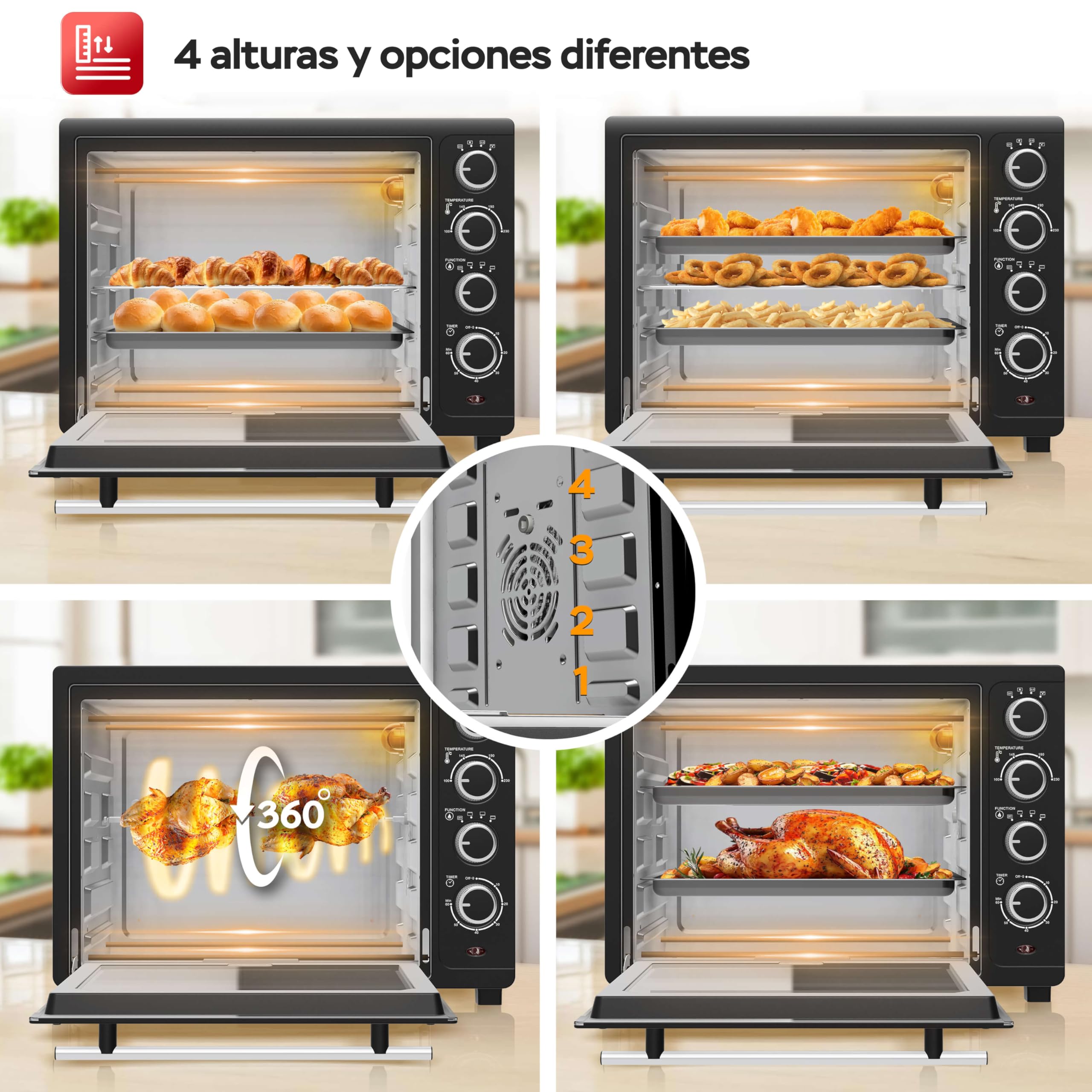 TurboTronic Horno de Convección 35L 1600W con Asador Giratorio, Sobremesa Compacto, 2 Bandejas