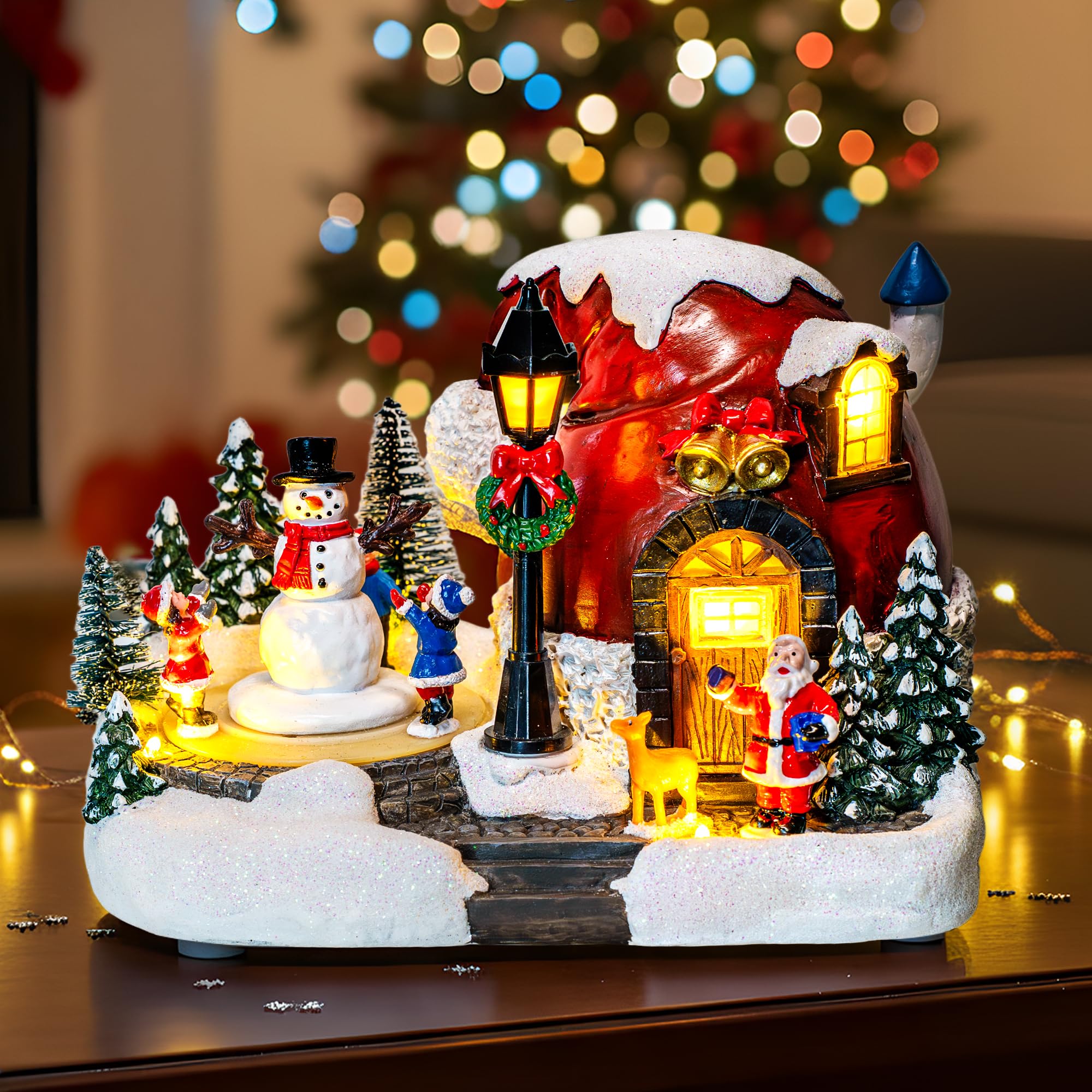 XPSCOCO Decoración musical mágica iluminada de pueblo de Navidad de 5.5 pulgadas, escena de taller de Papá Noel alimentada por USB para alegría de mesa de vacaciones