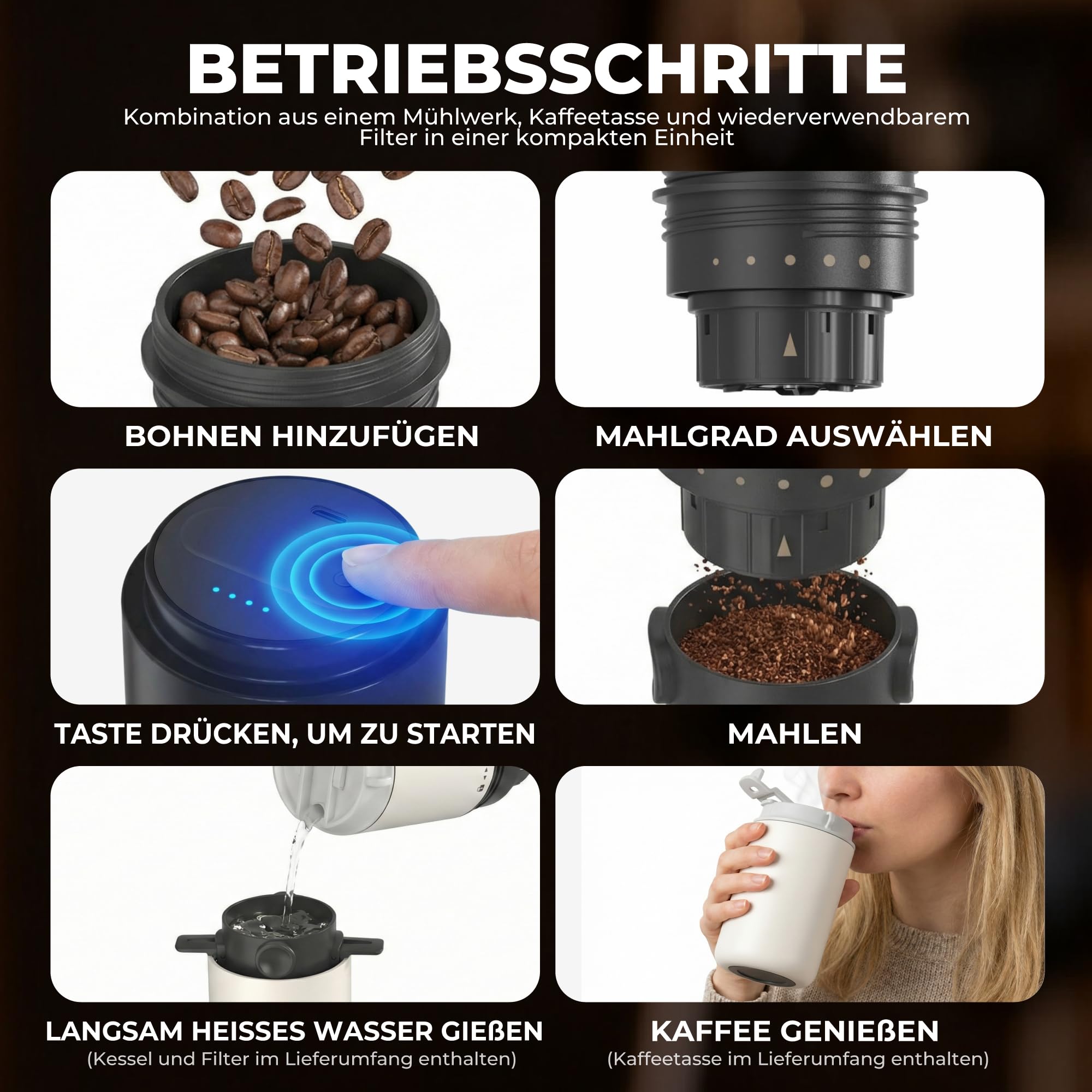 HAUSHOF Tragbares Kegelmahlwerk, Kabellose Elektrische Kaffeemühle | mit Integrierter Infusion, Doppelt Öffnendem Deckel, Edelstahlfilter und Thermobecher für Reisen und Camping, Weiß