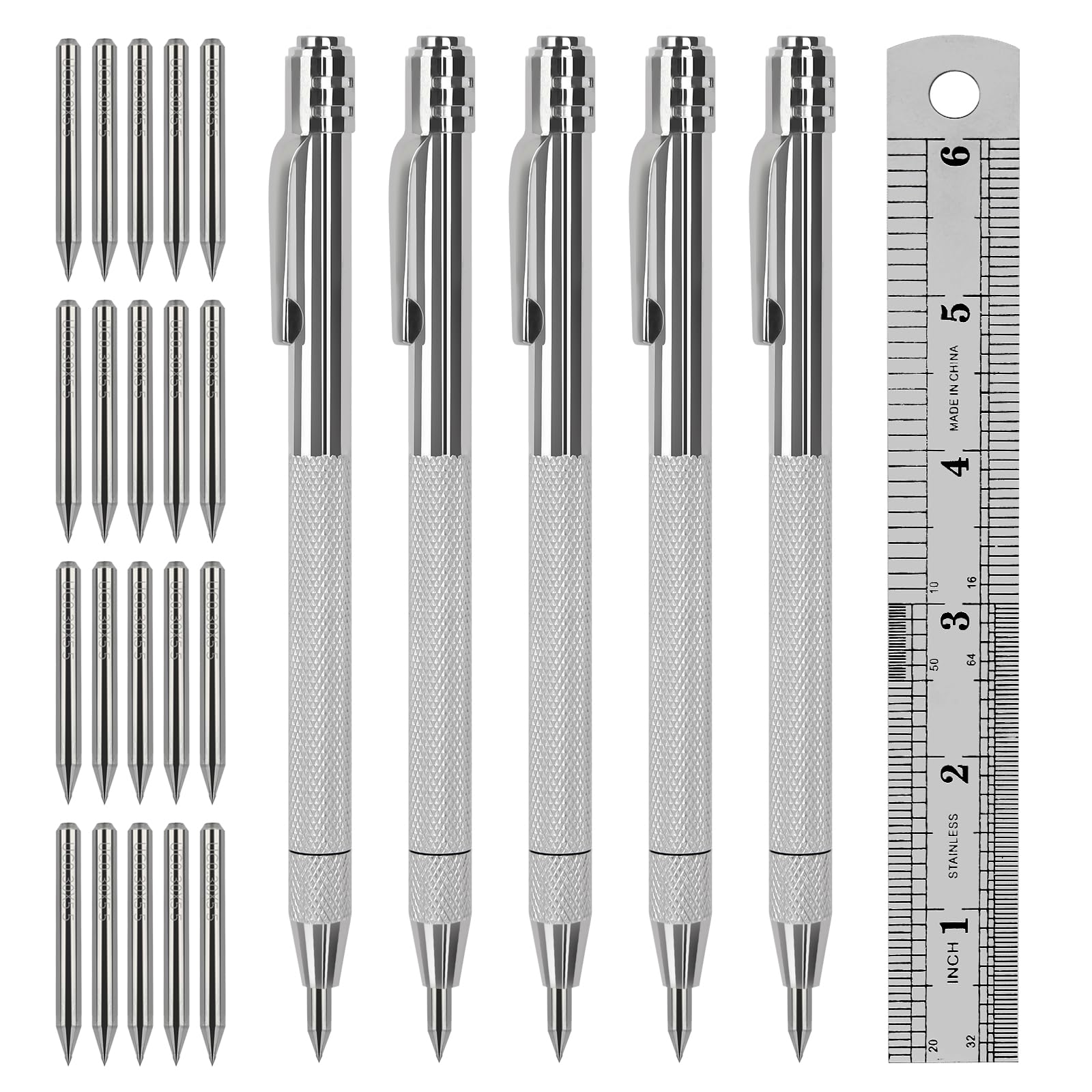 5 Pack Tungsten Carbide Scribe Pen with Magnet & 20 Replacement Tips, Scriber Marking Tool with Knurled Aluminum Handle, Metal Engraving Pen for Wood, Metal, Glass, Plastic