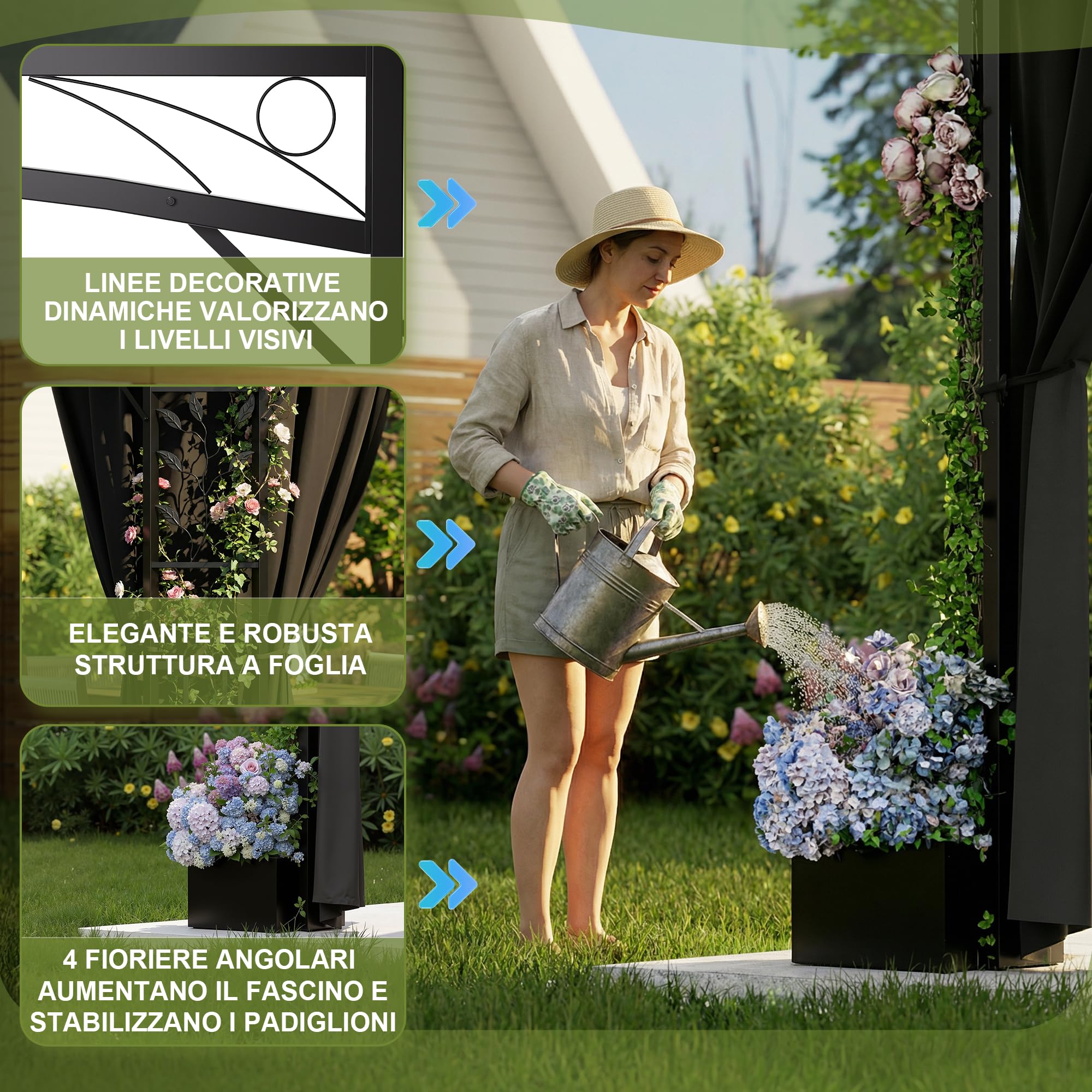 Devoko Gazebo Esterno Resistente 3.3x3.3 m con 4 Vasi per Fiori - Gazebo da Giardino in a Doppio Tetto Aerato, Struttura Fogliata, Tende Rimuovibili, Protezione UV & Impermeabile per Esterno