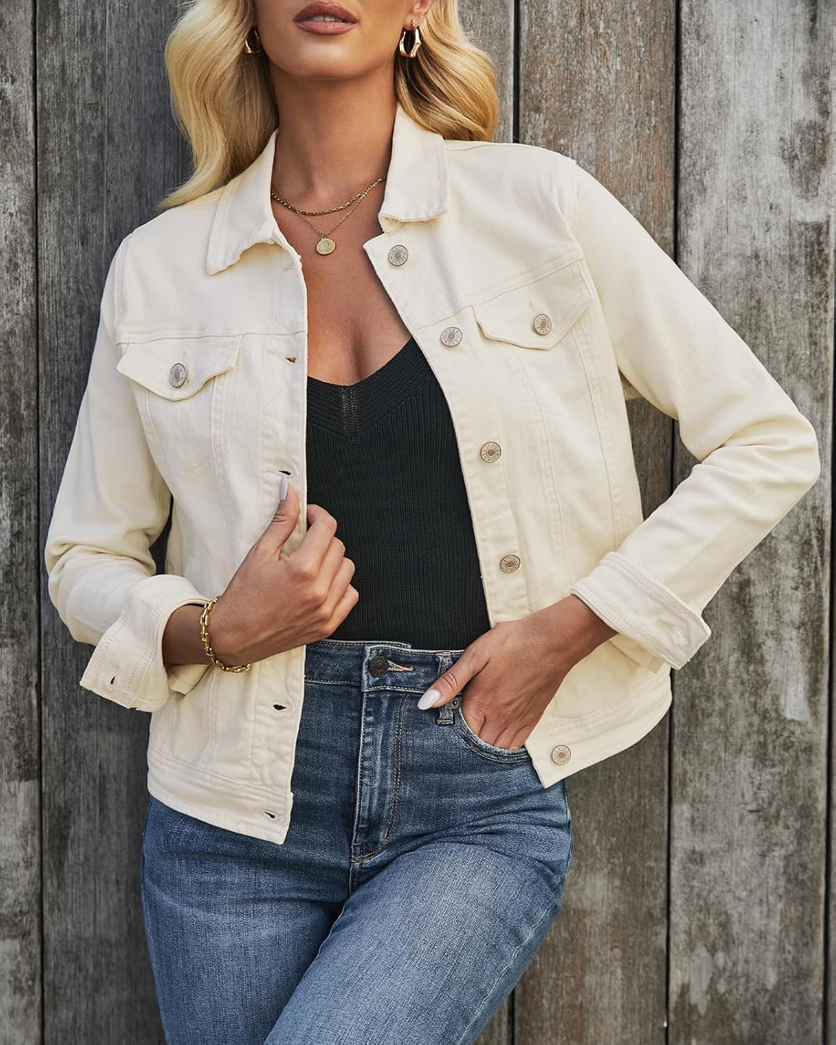 luvamia Women's Basic Button Down Stretch Fitted Long Sleeves Denim Jean Jacket - Image 6