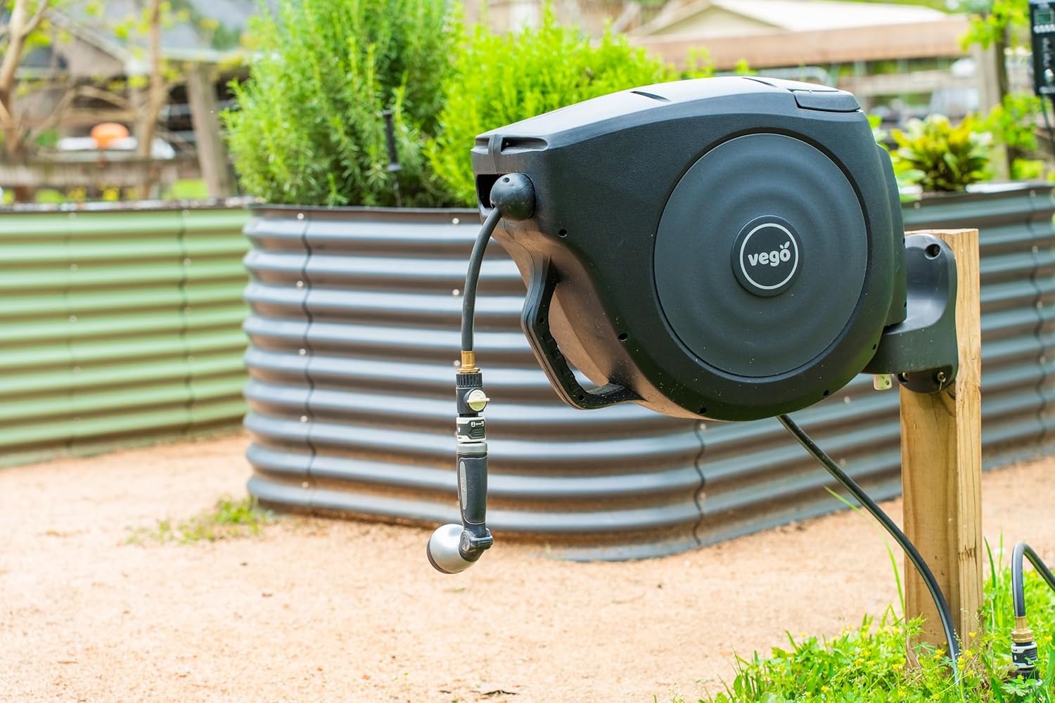 Vego Garden Hose Reel Retractable Hi-Flow Wall Mounted Hose Reel Automatic Rewind, Any Length Lock with 9 Patterns Sprayer Nozzle, Quick Connector and Adjustable shot Nozzle (Tidepool Blue, 50ft)