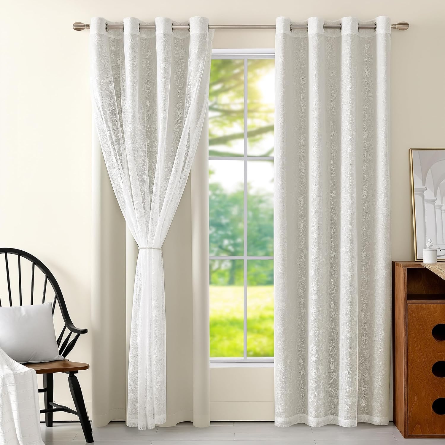 Pack of 2 Blackout Double Layered Curtains with Sheer Overlay and Semi Floral Lace, Thermal Insulated Window Panel with Grommet Top, Room Darkneing for Bedroom, Living Room, 52x63 in, Beige