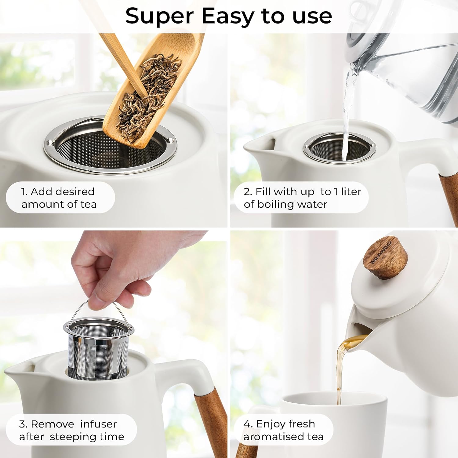 MIAMIO - Teapot Set with Warmer / 34 oz Tea Kettle with Infuser for Steeping Loose Tea Leaves - Gift for Women/Tea Lovers (White)