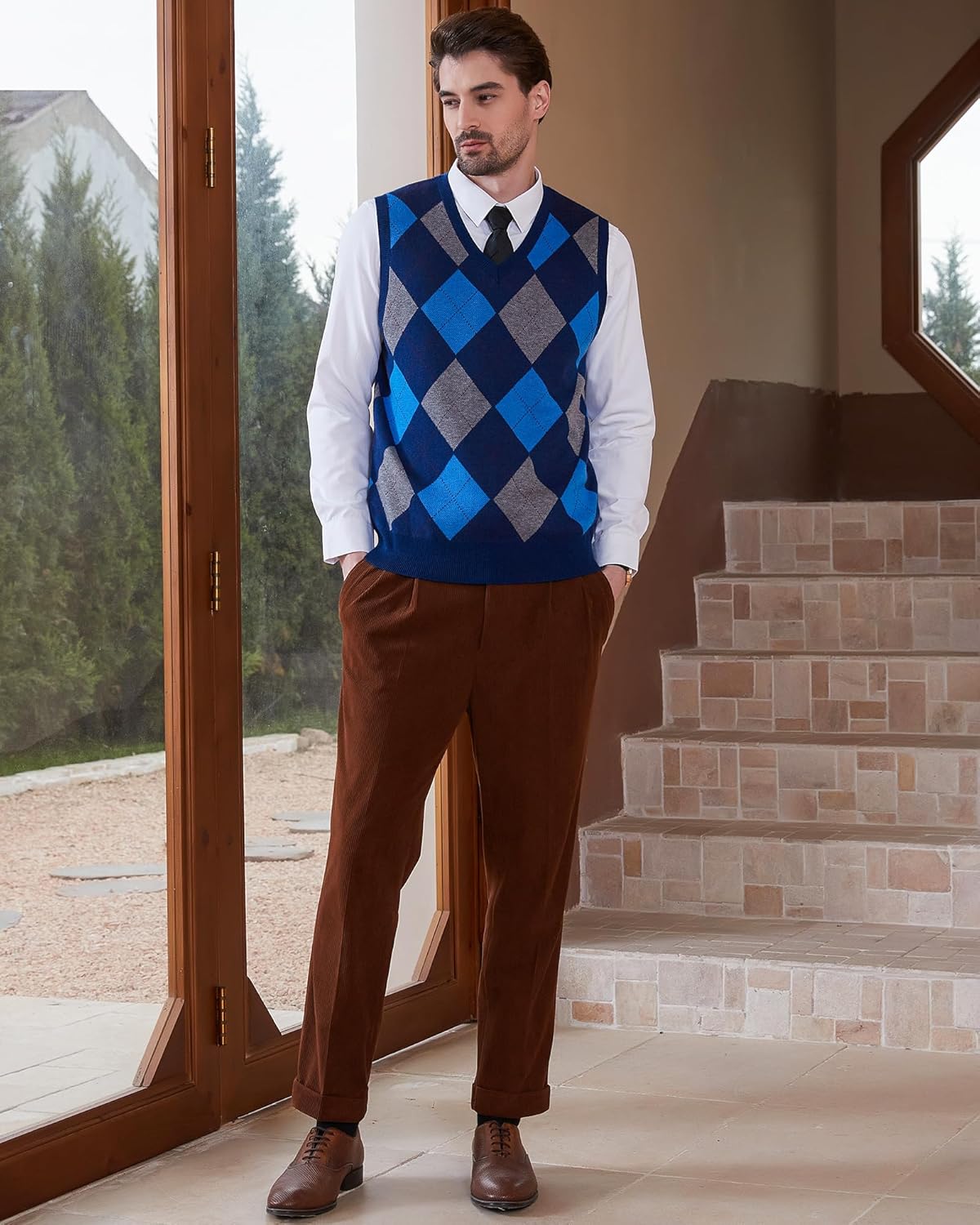 Kallspin Men's Argyle Vest Sweater Wool Blend V-Neck Sleeveless Pullover Sweater - Image 5