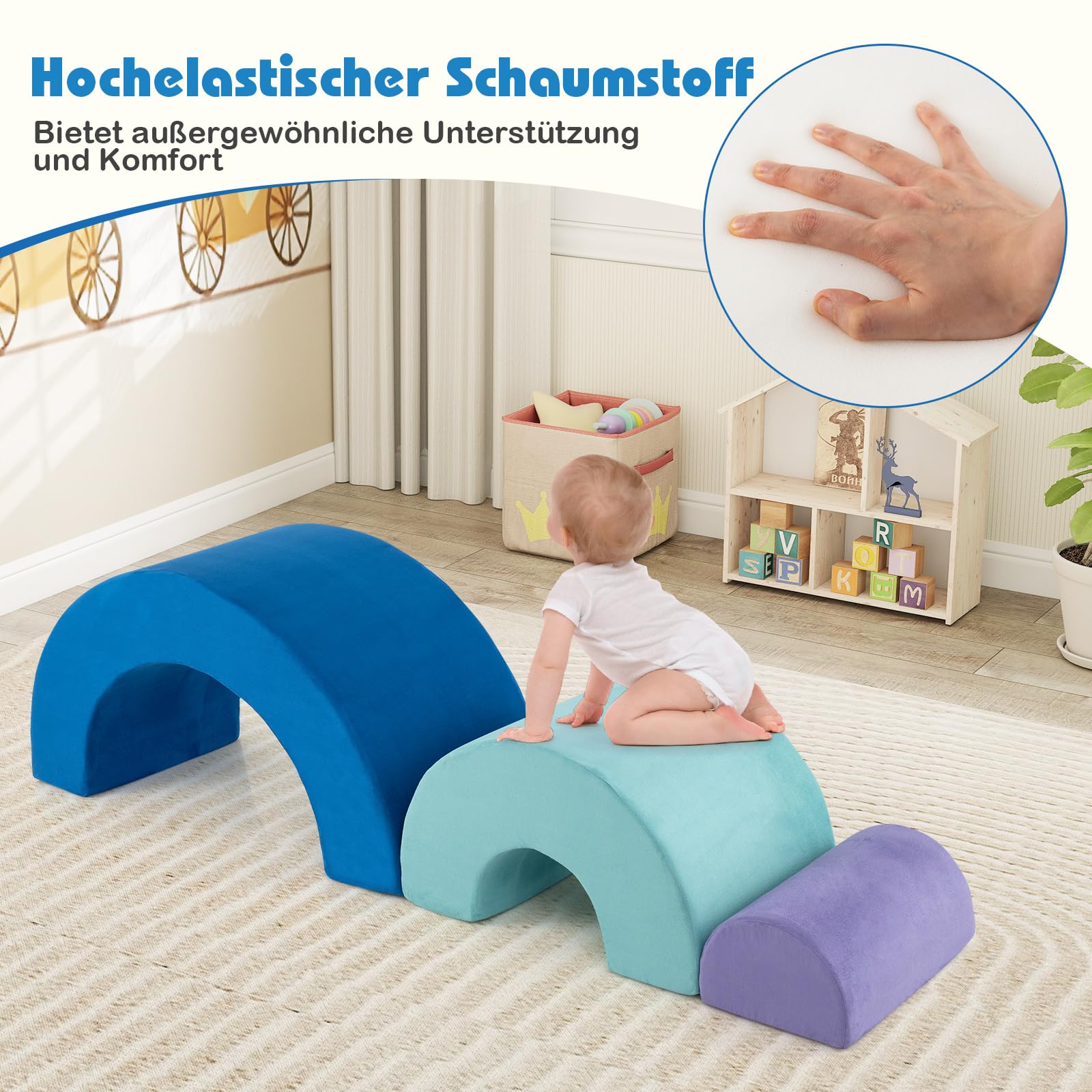 COSTWAY 3-TLG. Softbausteine, Schaumstoffbausteine zum Klettern und Krabbeln für Babys, Kletterbogen, Riesenbausteine aus Schaumstoff, Großbausteine für den Innenbereich (Blau)