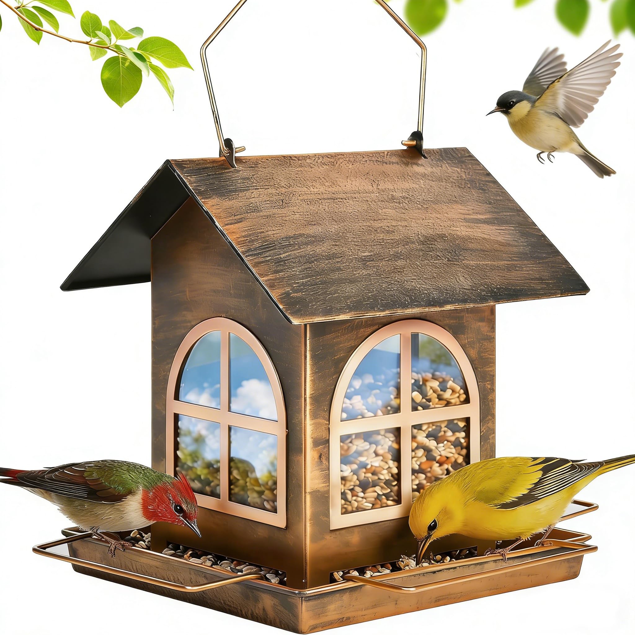 Bird Feeders Outdoor Hanging, Large Capacity Metal Wild Bird Feeder with Drainage Holes, Mangeoire Oiseaux Exterieur, Easy to Clean, Refill, Bronze Anti-Rust Decor for Garden - 2