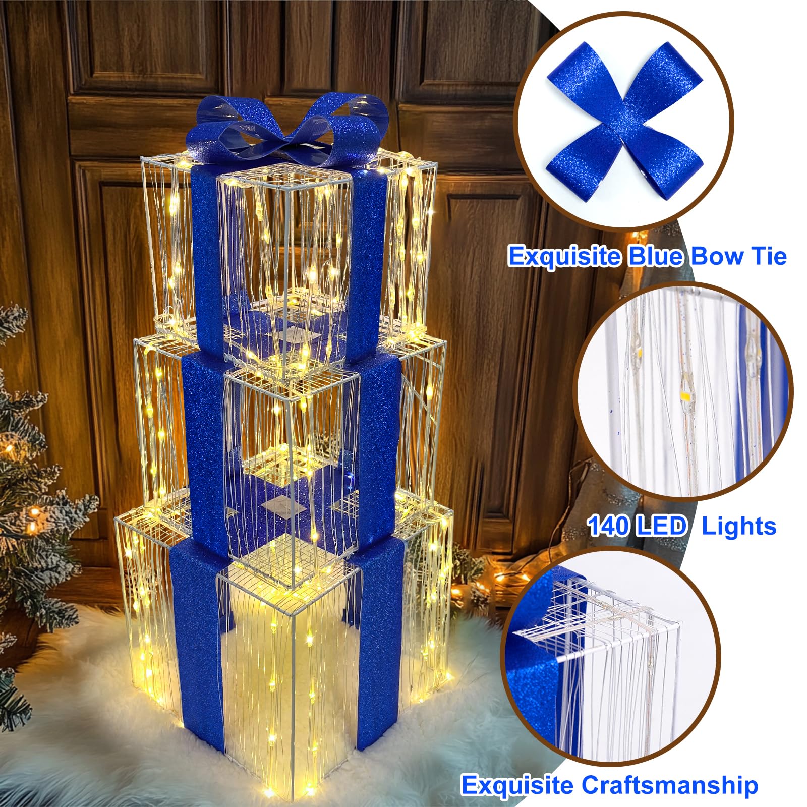 Set di 3 scatole regalo con luci di Natale, 140 luci a LED, scatole regalo con fiocchi blu brillante per albero di Natale, patio, casa, decorazione per interni ed esterni