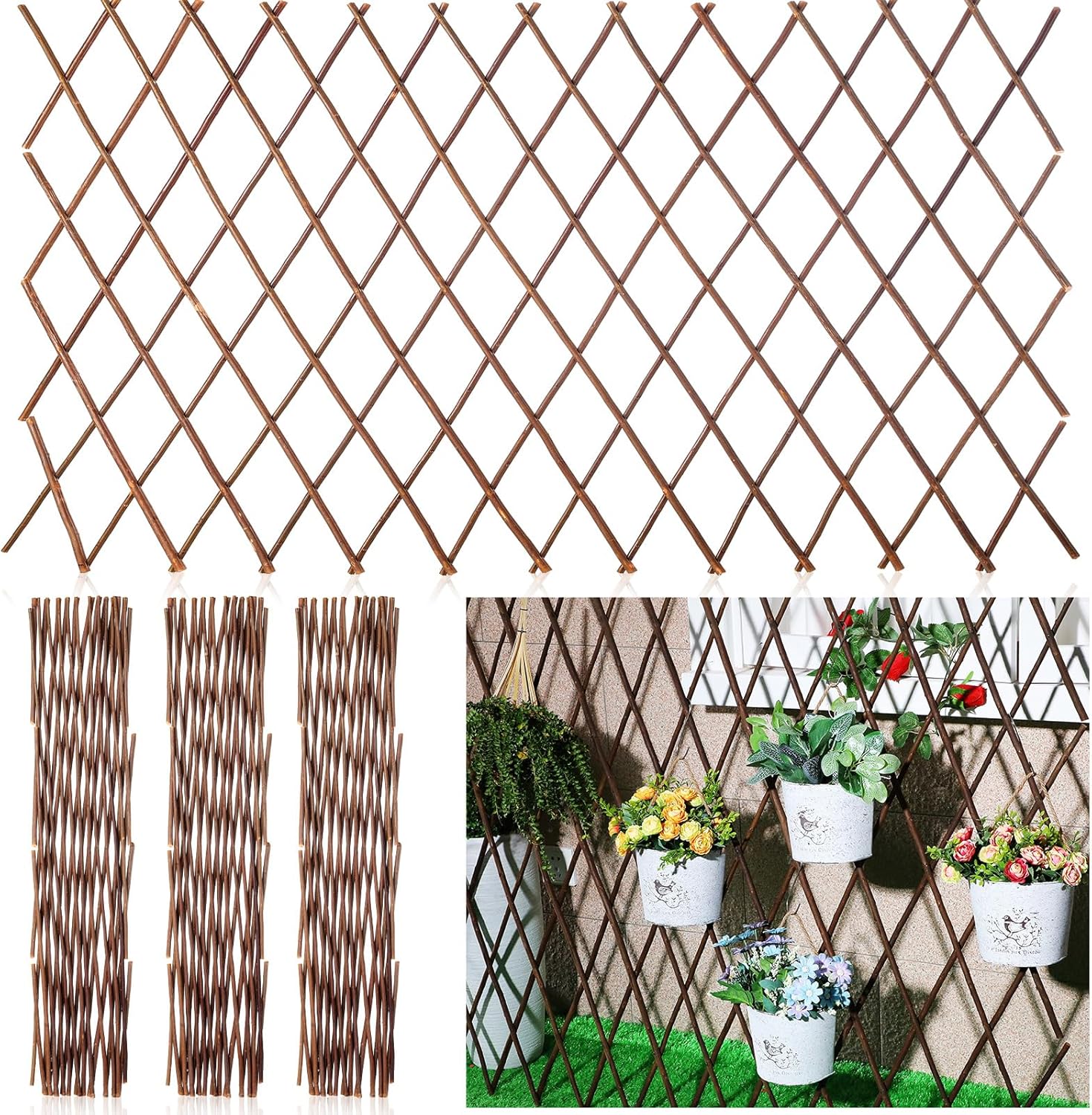 4 pack expandable willow trellis lattice fence willow fence panel for climbing plants garden lattice trellis plant support open screen fencing, outdoor decorative wood