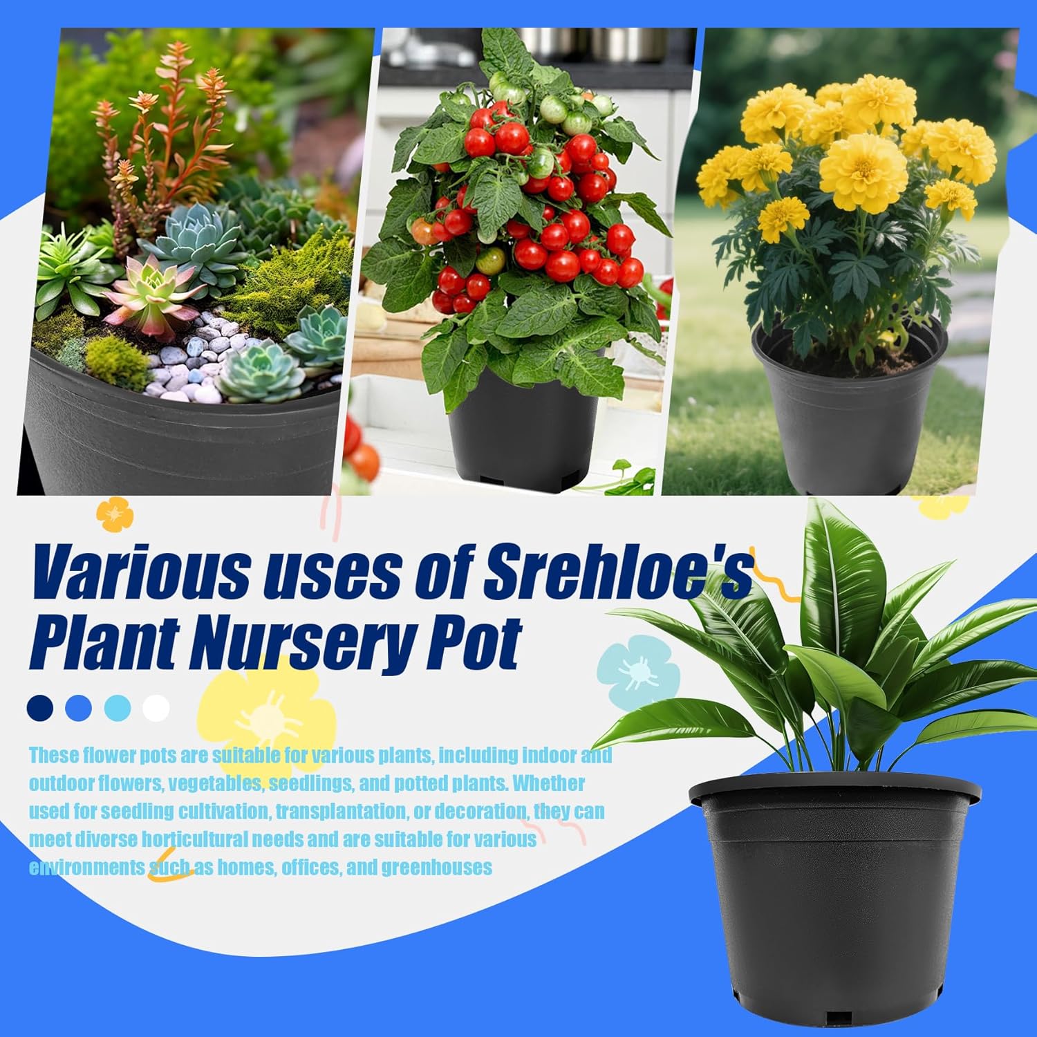 5 Gallon Pots for Plants Plastic Nursery Pot with Drainage Holes Garden Flower Pot Suitable for Home Garden Cuttings Flowers Succulents Transplanting Seedlings 10Pcs