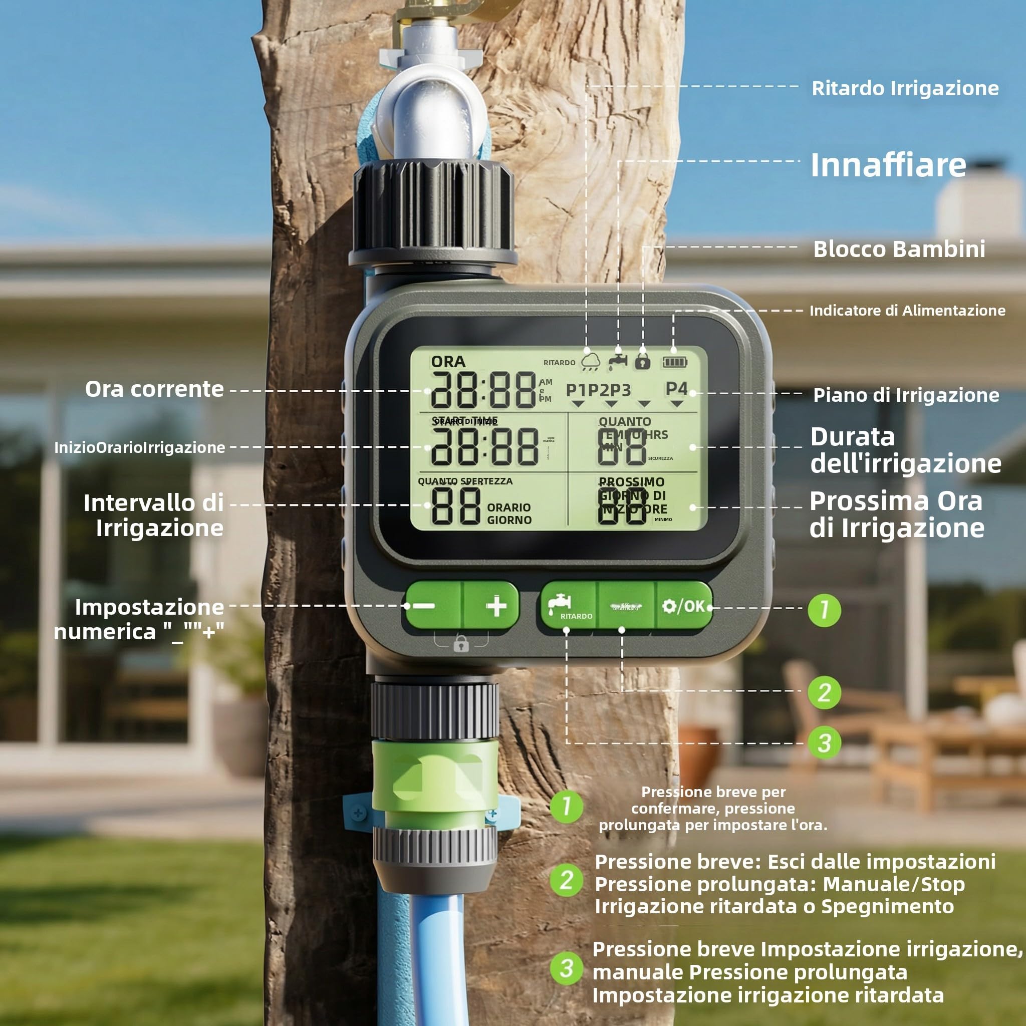 Minuterie d'arrosage Automatique avec Grand écran LCD – Mode Manuel/Automatique, Fonction de Retard Pluie, incluant 1 Distributeur d'eau en Y de 3/4 Pouce