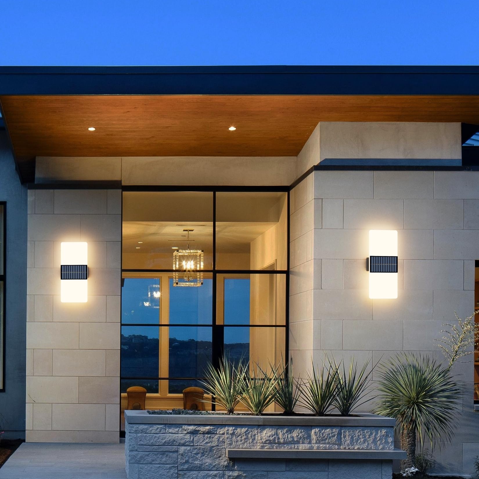 2 pezzi LED Solar Applique, Lampada da parete senza fili 3000K, Applique da parete a batteria IP44, Lampada da parete per esterni in acrilico per patio, balcone