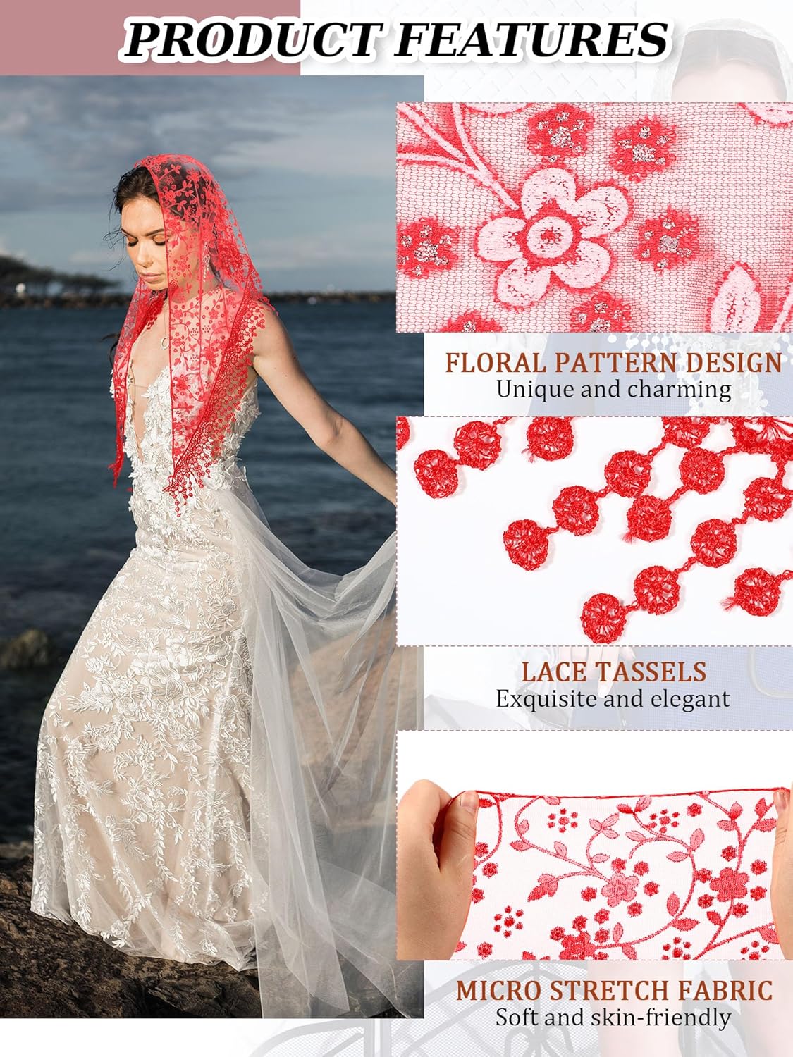 Zhanmai Veils for Church Catholic Mass Veils for Women Catholic Lace Triangle Mantilla chapel Floral Tulle Scarf - Image 3