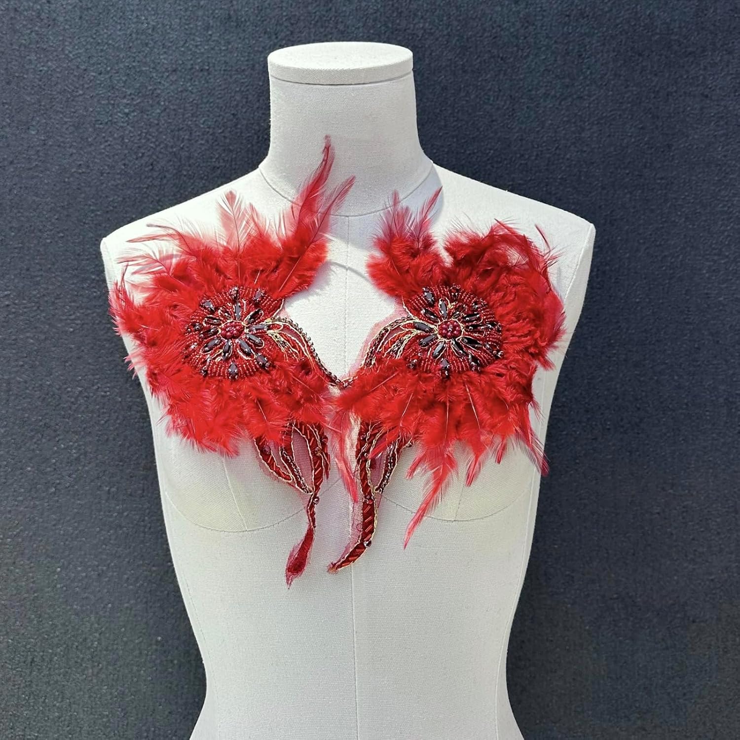 1 Pair Burgundy Feather Rhinestone Applique, Dress Appliques,Rhinestone Applique for Dress, Wedding, Costume Decoration Accessory Patch (Feather Applique - Burgundy)