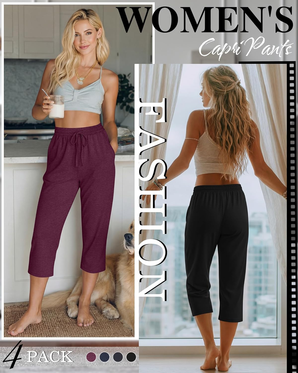 Neer 4 Pack Women's Capri Pants Wide Leg Yoga Capri Sweatpants Drawstring Summer Lounge Loose Fit Cropped Pants with Pockets - Image 3