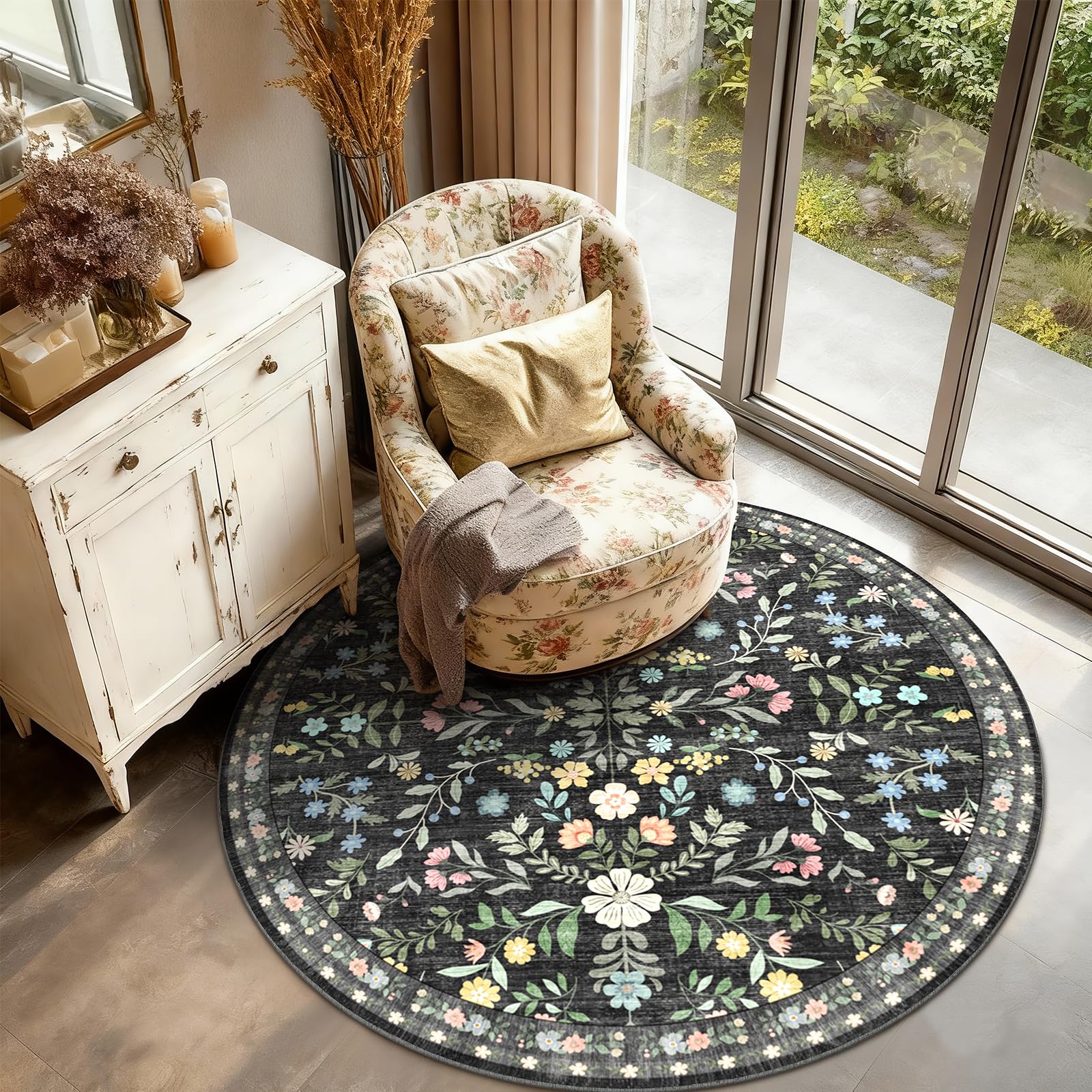 XSIVOD Floral Round Washable Rugs Living room, 120x120cm, Black/Harmony
